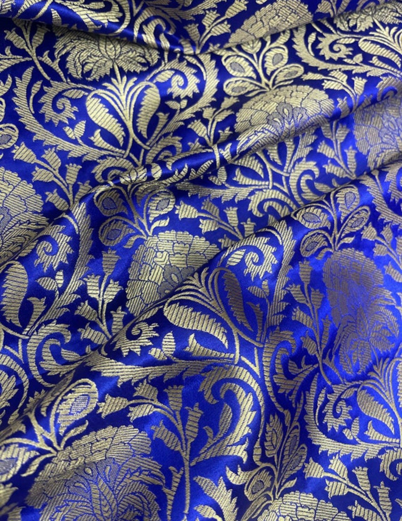 Indian Banarasi Brocade Fabric in Blue and Gold color, Multiple lengths will come in the continuous piece - NF535