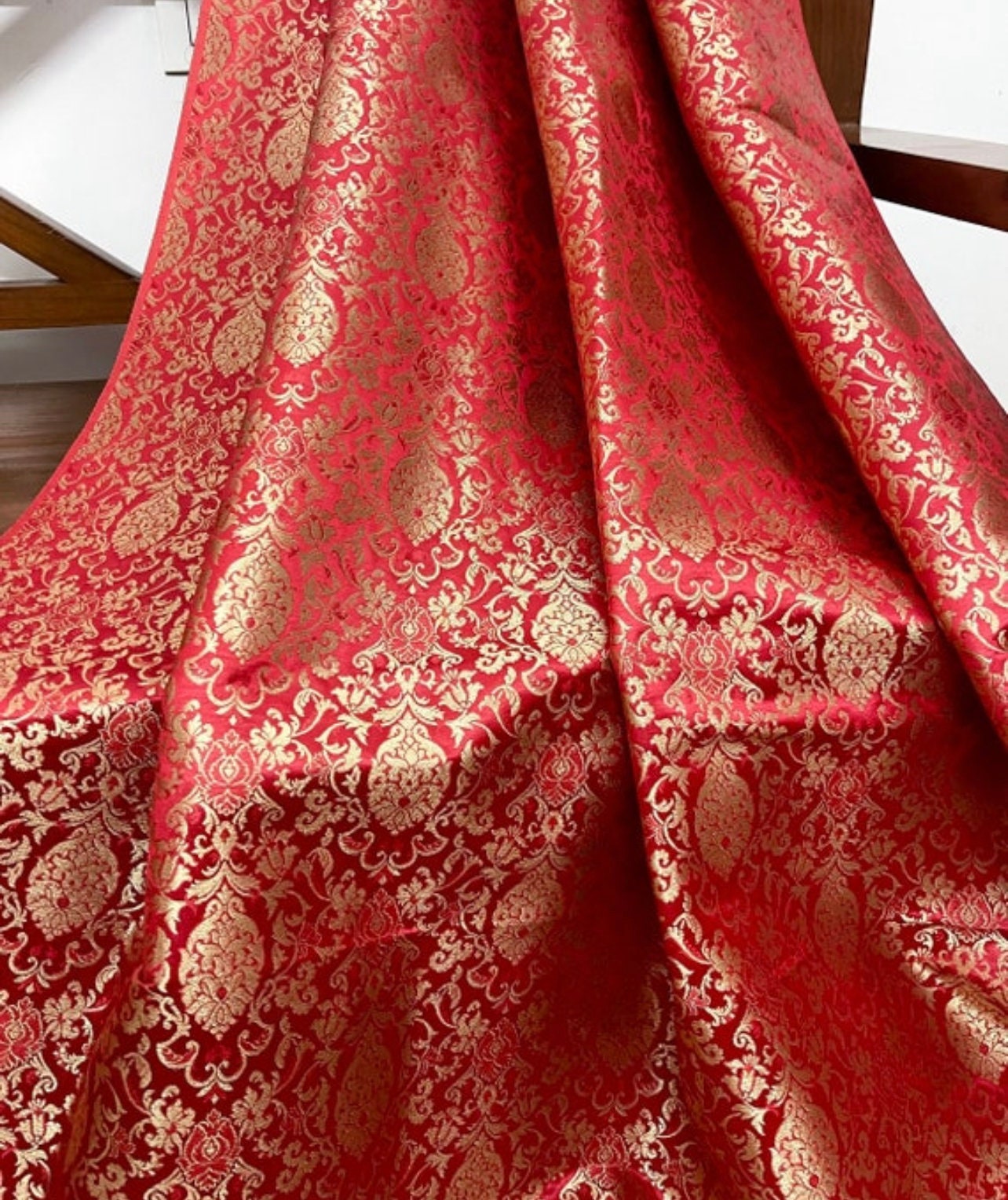 Indian Banarasi Brocade Fabric in Red and Gold color,  Multiple lengths will come in the continuous Piece -NF359