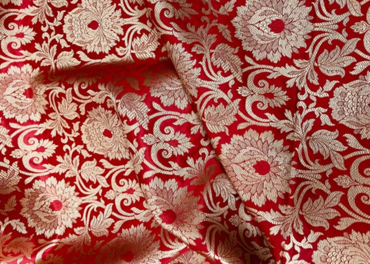 Indian Banarasi Brocade Fabric in Red and Gold color, Multiple Length will come in a continuous piece - NF367