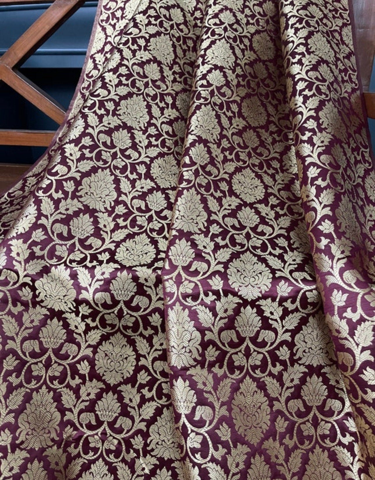 Indian Banarasi Brocade Fabric in Burgundy And Gold color, Multiple lengths will come in the continuous piece - NF373