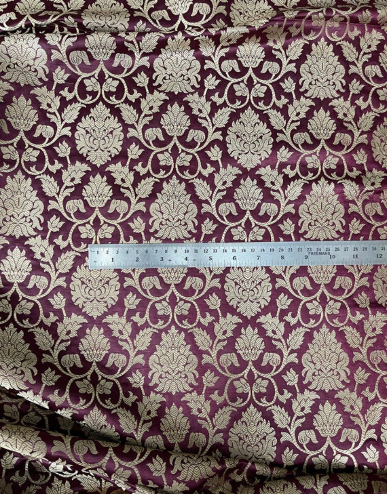 Indian Banarasi Brocade Fabric in Burgundy And Gold color, Multiple lengths will come in the continuous piece - NF373