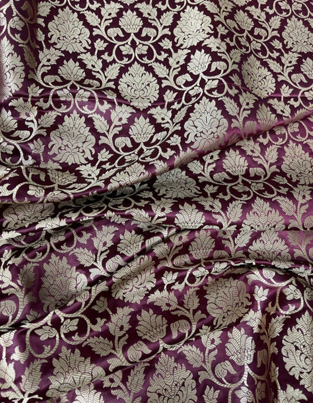 Indian Banarasi Brocade Fabric in Burgundy And Gold color, Multiple lengths will come in the continuous piece - NF373