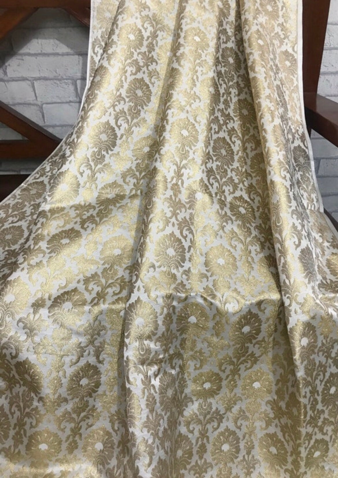 Indian Banarasi Brocade fabric in White And Gold color,  Multiple lengths will come in the continuous piece - NF168