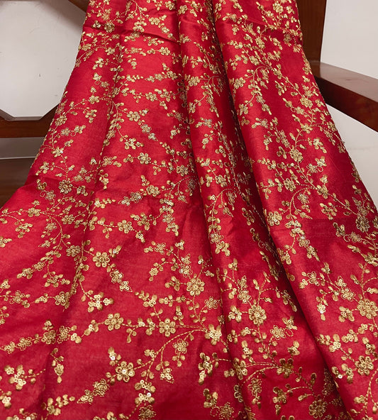 Red & gold embroidered fabric, Wedding dress, Gold flower, Indian fabric, Thread embroidery, Royal fabric, Handmade - NFAF334