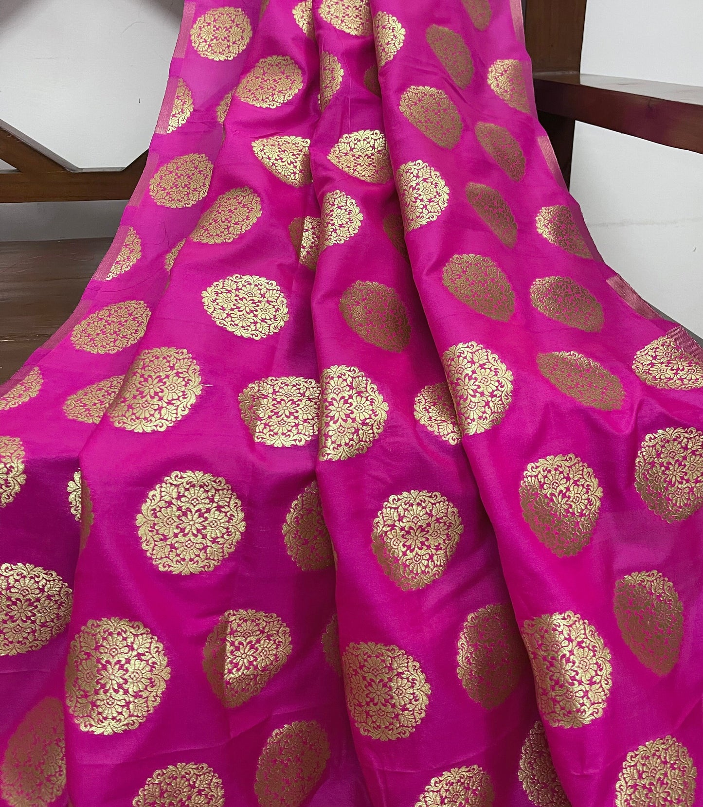 Indian Banarasi Brocade Fabric in Pink and Gold color,  Multiple lengths will come in the continuous Piece - NF737