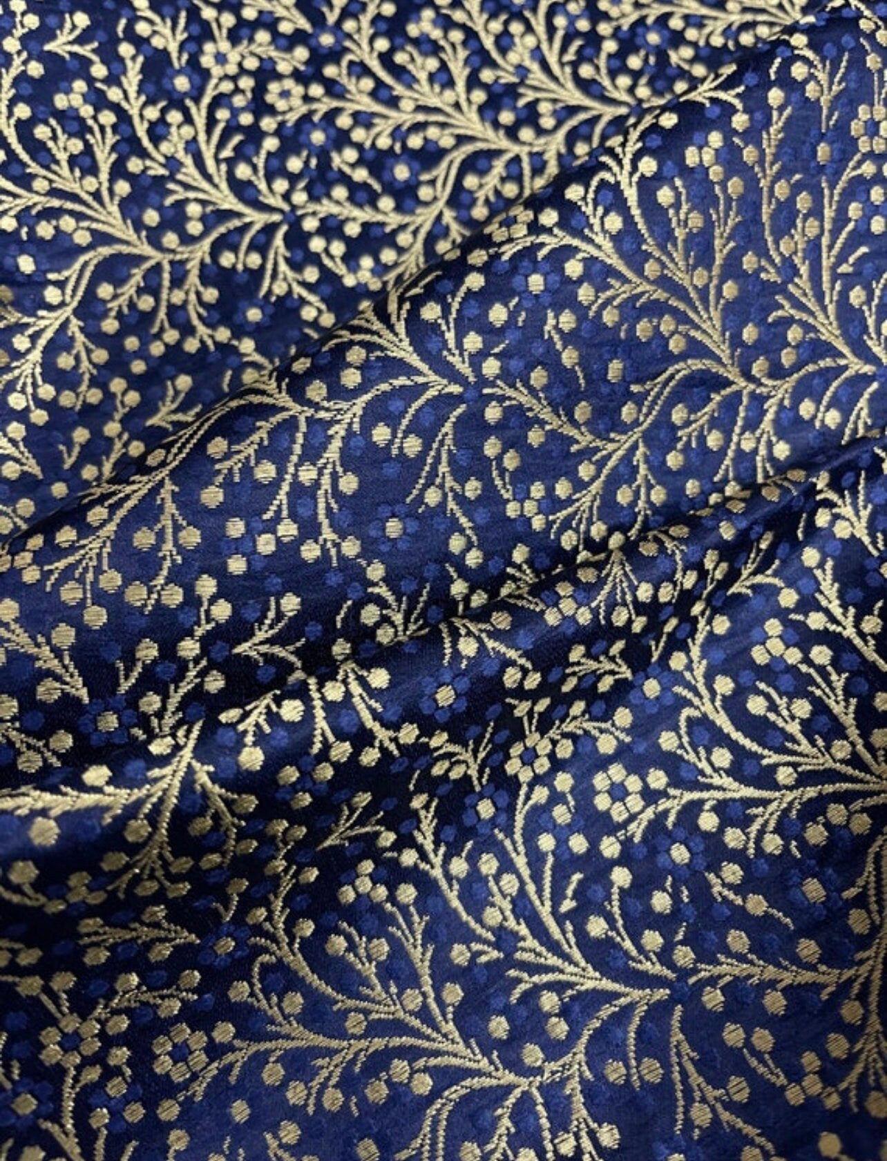 Indian Banarasi Brocade Fabric in Navy Blue and Gold color, Multiple lengths will come in the continuous piece - NF164