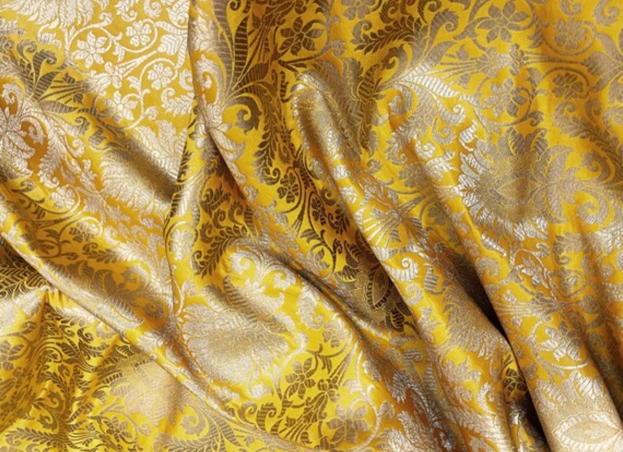 Indian Banarasi Brocade Fabric in Yellow and Gold color, Multiple lengths will come in the continuous piece - NF339