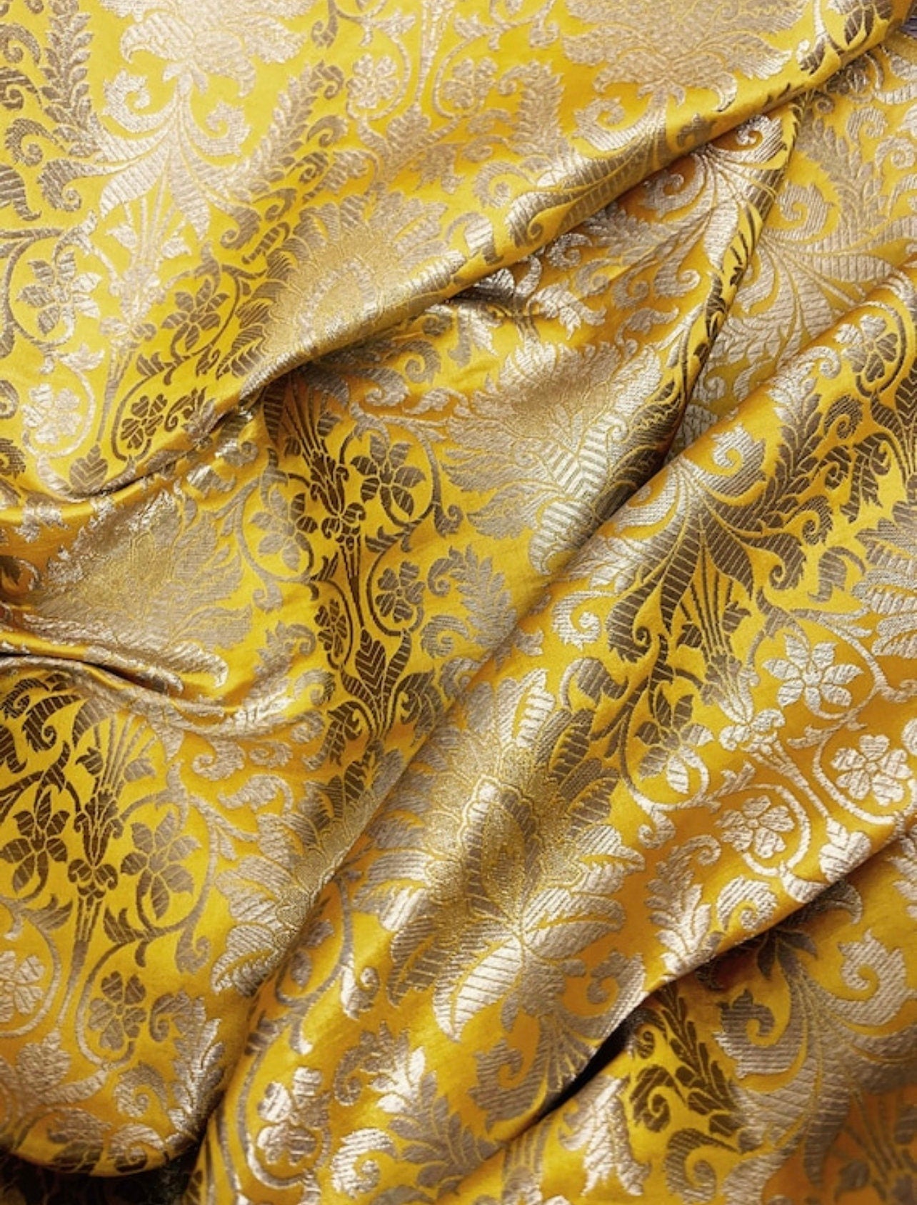 Indian Banarasi Brocade Fabric in Yellow and Gold color, Multiple lengths will come in the continuous piece - NF339