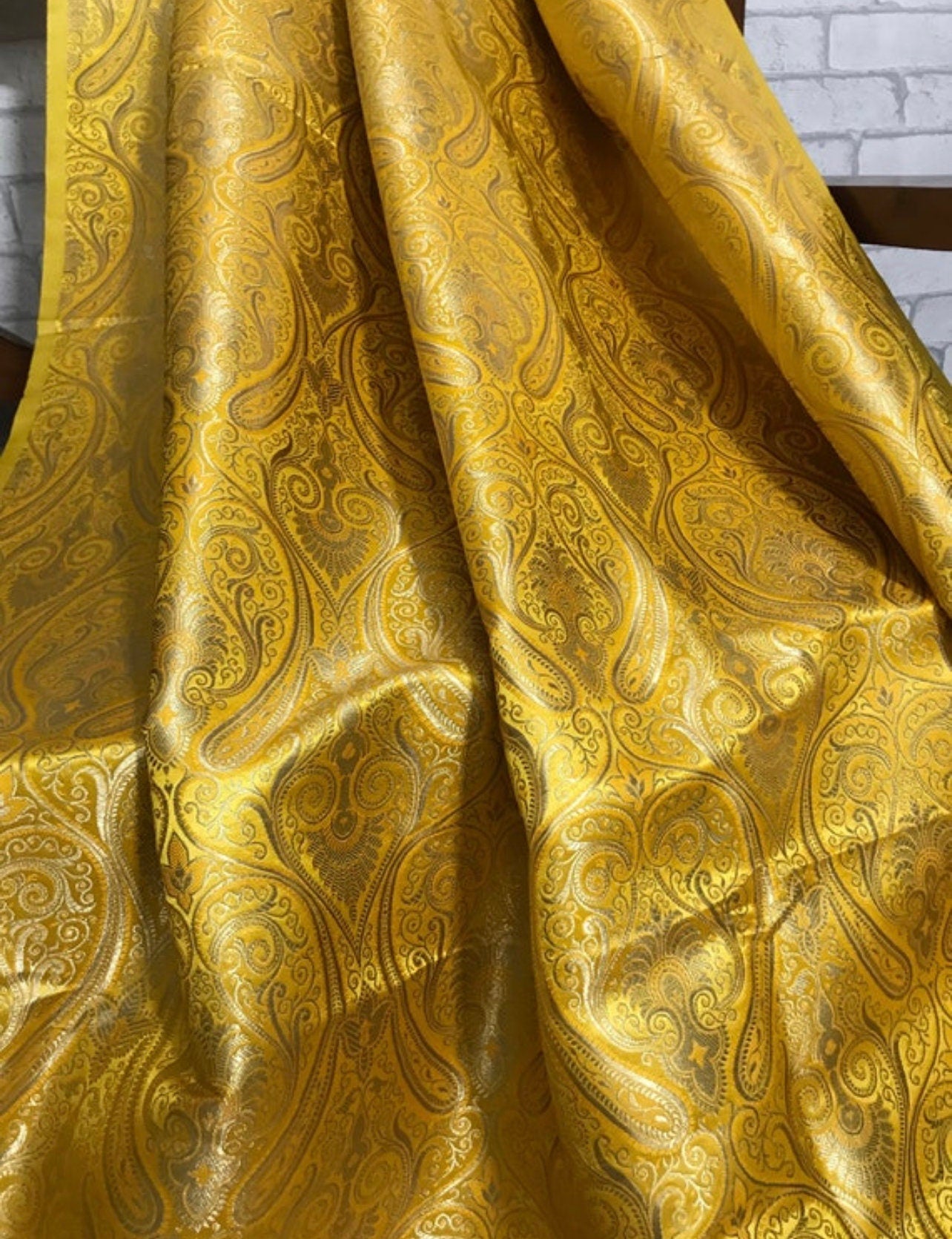 Indian Banarasi Brocade fabric in Yellow and Gold color, Multiple lengths will come in the continuous piece - NF176