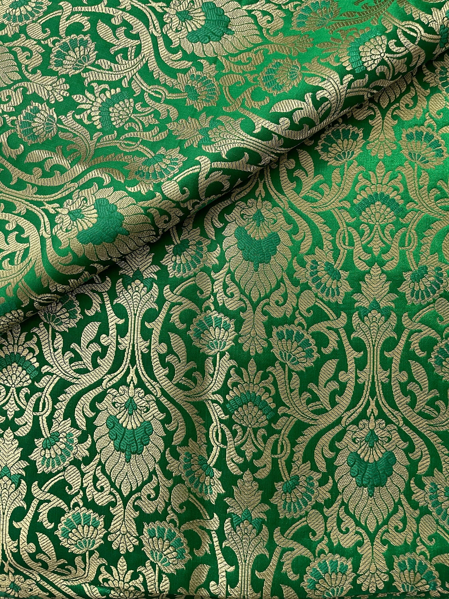 Indian Banarasi Brocade fabric in Green and Gold color,  Multiple lengths will come in a continuous piece - NF321