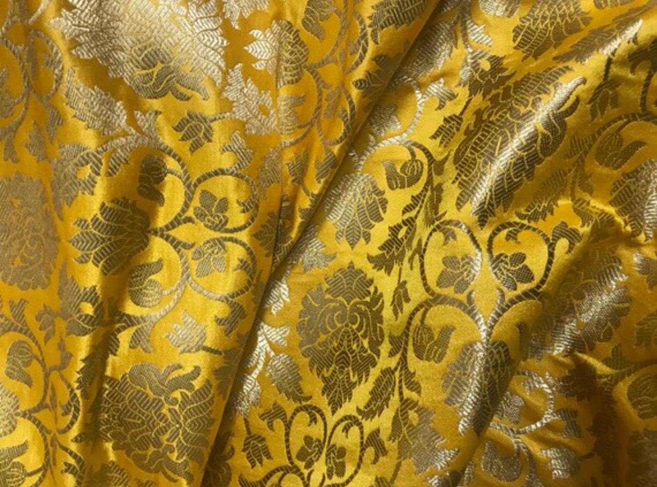 Indian Banarasi Brocade Fabric in Yellow and Gold color, Multiple lengths will come in the continuous piece - NF305