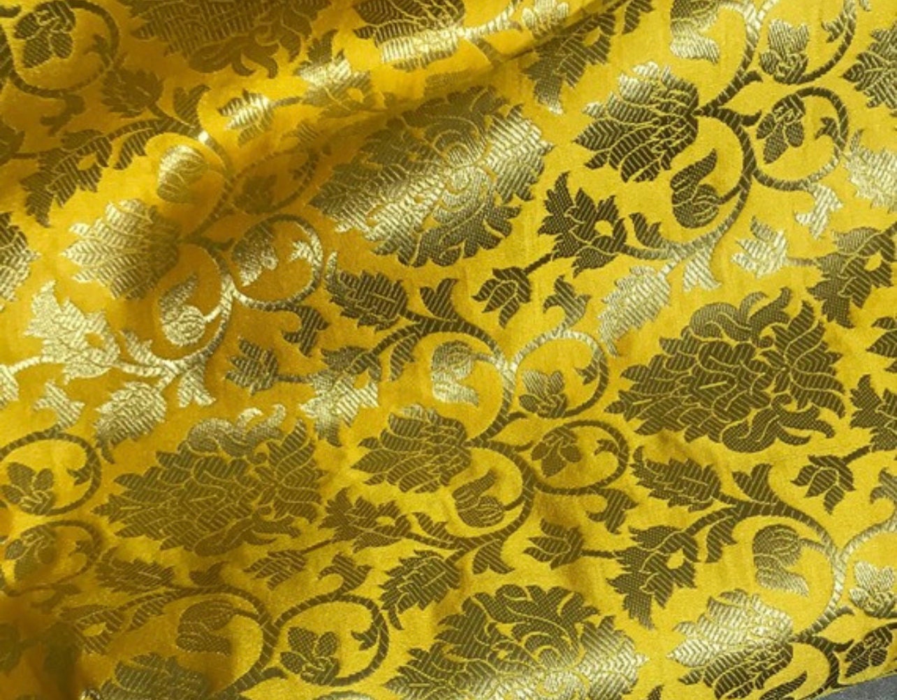 Indian Banarasi Brocade Fabric in Yellow and Gold color, Multiple lengths will come in the continuous piece - NF305