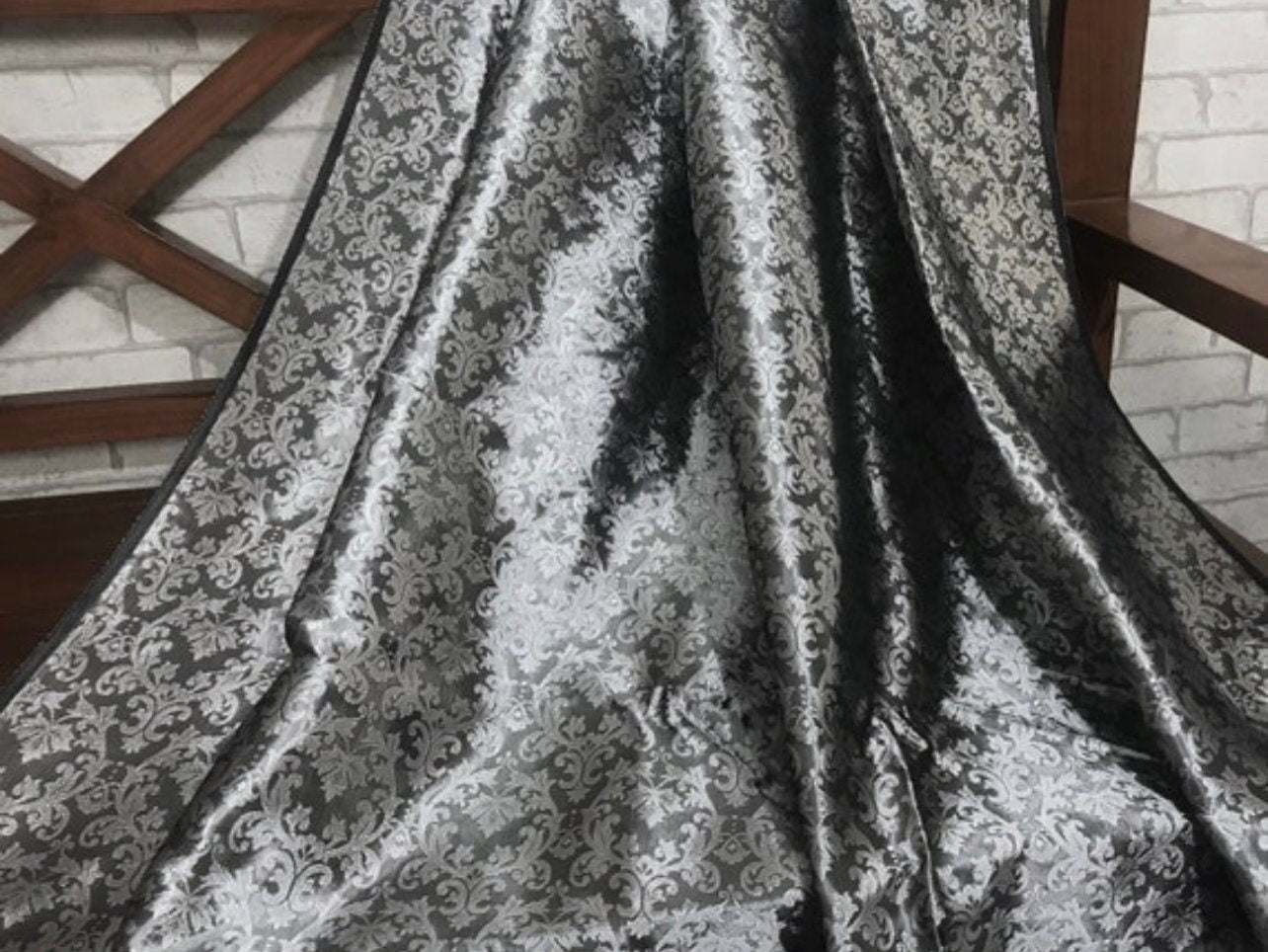 Indian Banarasi Brocade fabric in Gray Silver Color, Multiple lengths will come in a continuous piece  - NF25