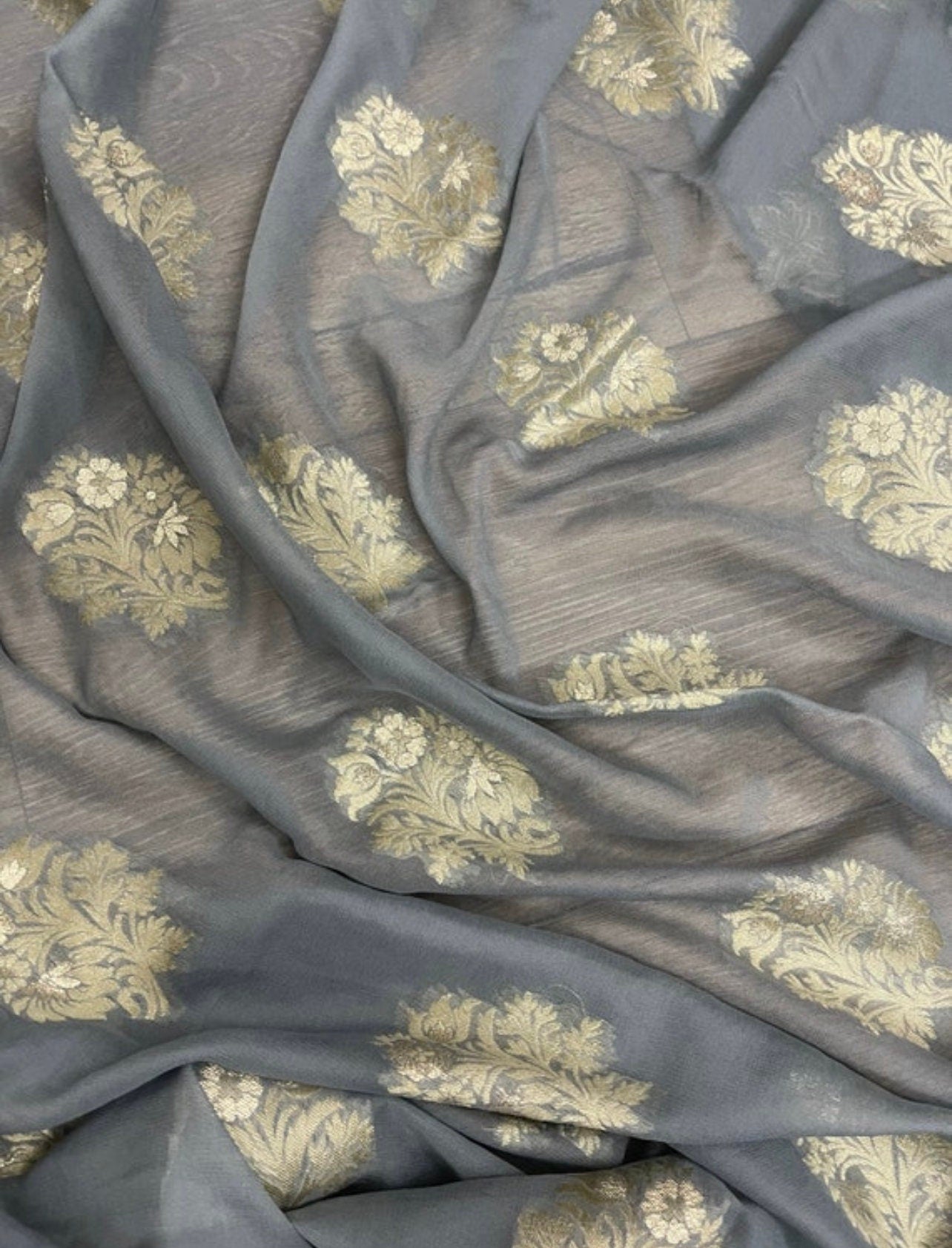 Gray Gold Georgette viscose Fabric, Sheer Floral embroidery Wedding Dress Fabric, Multiple Length will come in a continuous piece - NF54