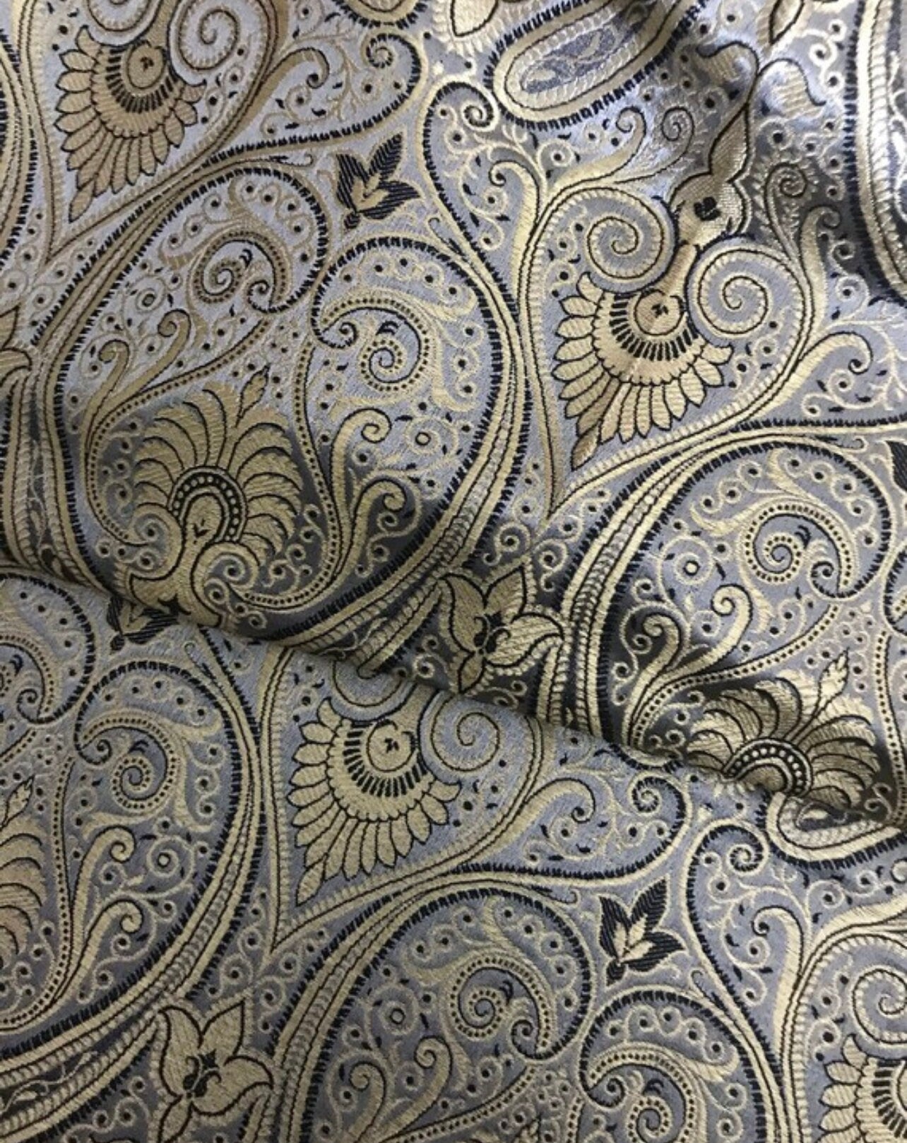 Indian Banarasi Brocade Fabric in Gray and Gold color, Multiple lengths will come in the continuous piece - NF2001