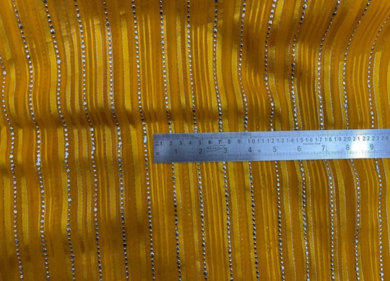 Yellow and Silver embroidered Sheer Organza Fabric, Multiple lengths will come in the continuous piece - NF529