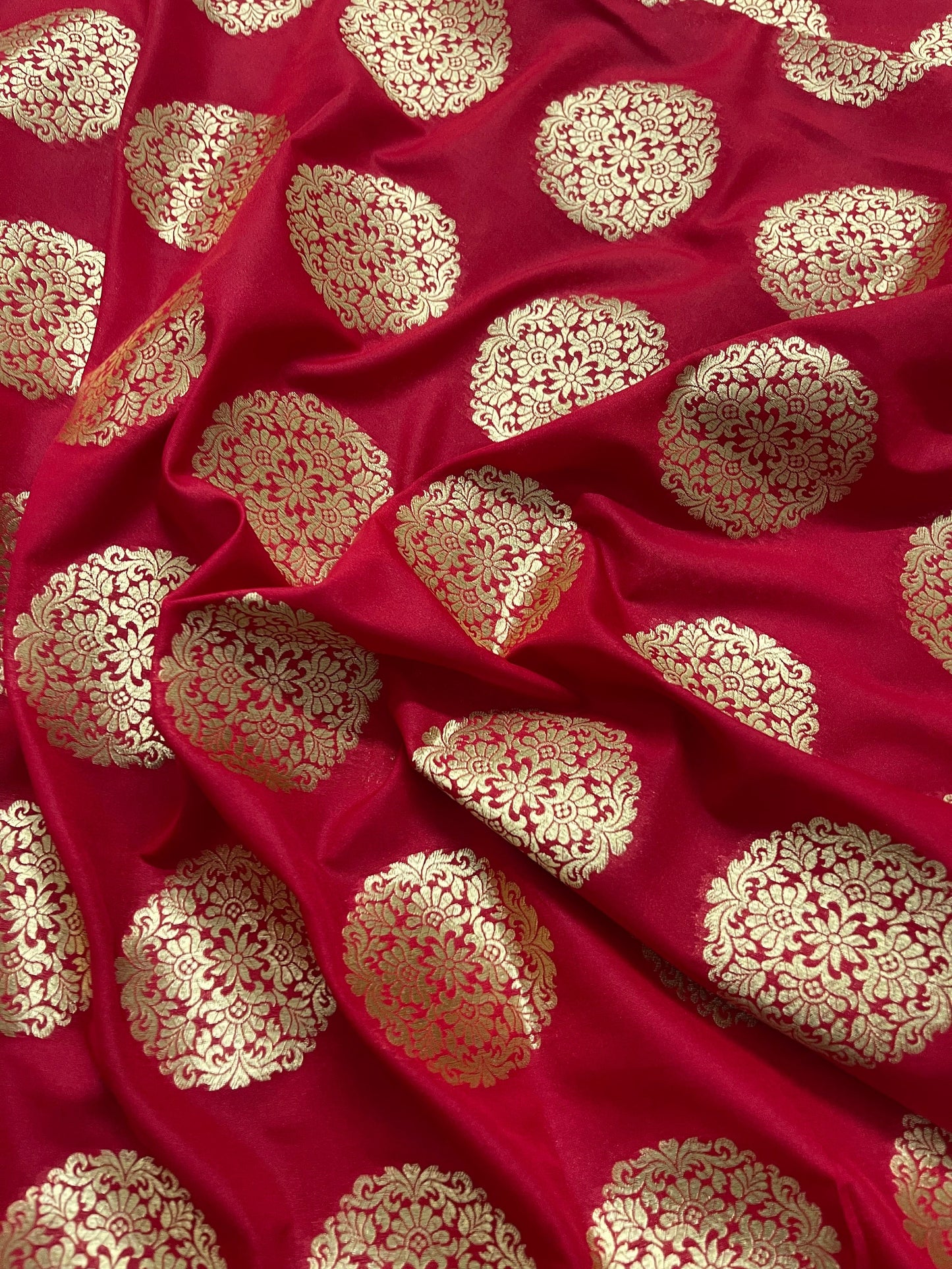 Indian Banarasi Brocade Fabric in Red and Gold color, Multiple lengths will come in the continuous piece - NF419