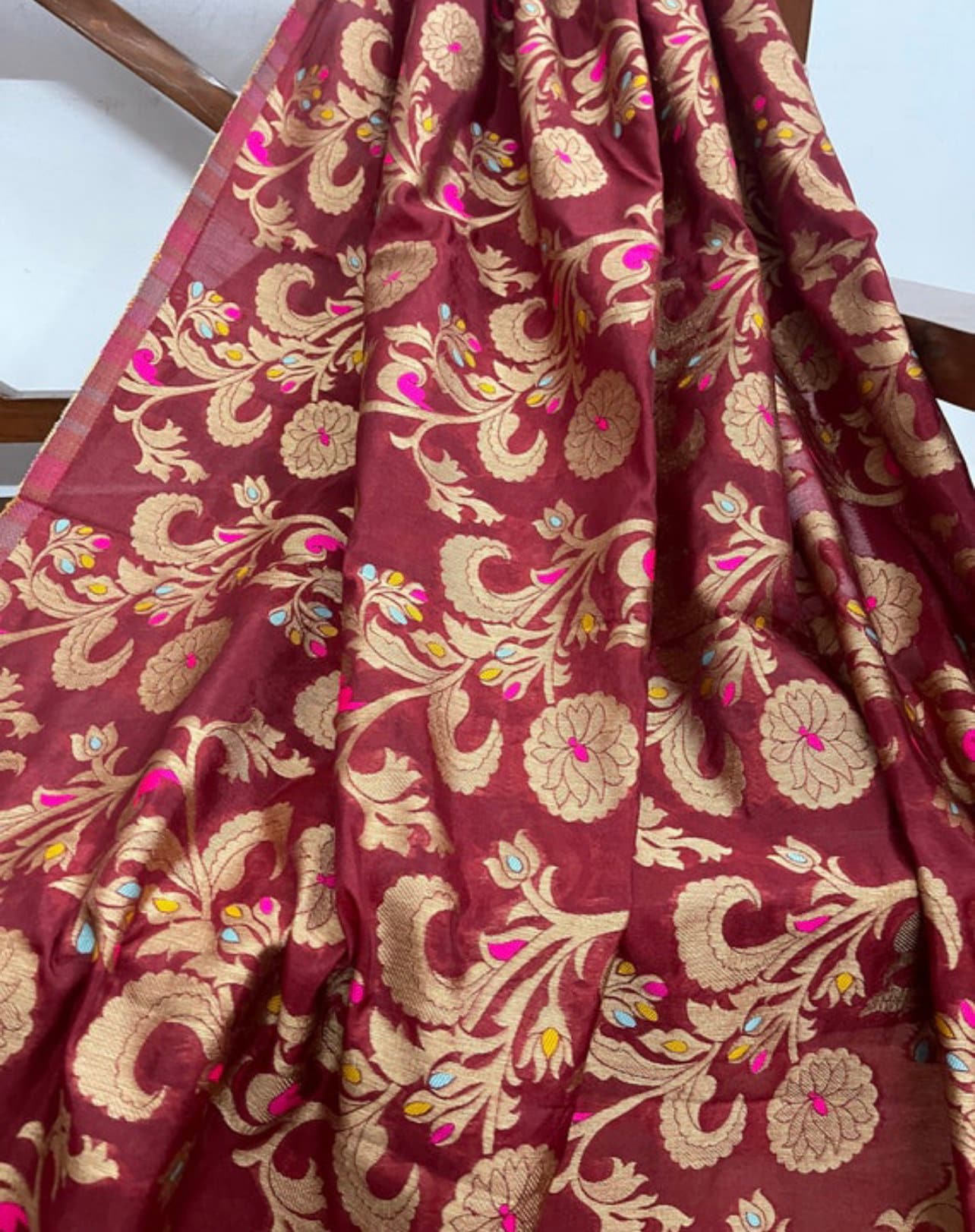 Indian Banarasi Brocade Fabric in Maroon Burgundy and Gold color, Multiple lengths will come in the continuous piece - NF411