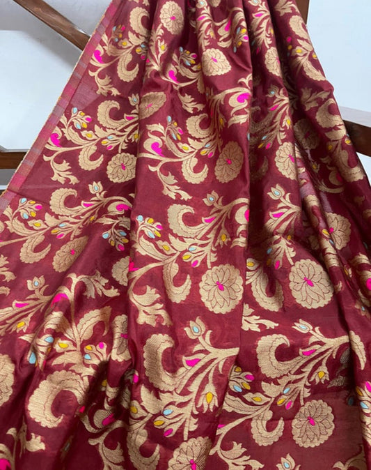 Banarasi Brocade Fabric Maroon Gold Jacquard Brocade Fabric Floral brocade Wedding Indian Dress brocade Fabric by the yard/ Meter - NFAF411