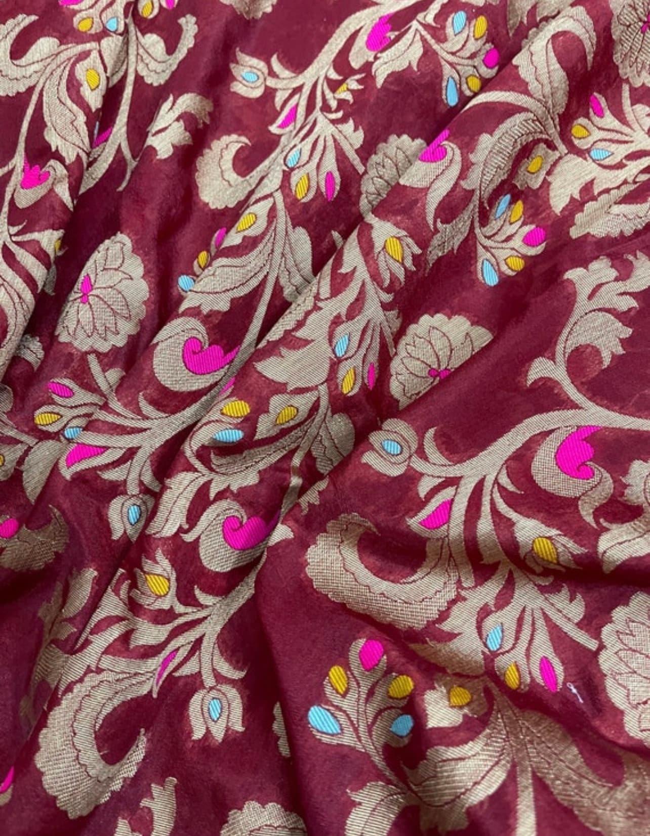 Indian Banarasi Brocade Fabric in Maroon Burgundy and Gold color, Multiple lengths will come in the continuous piece - NF411