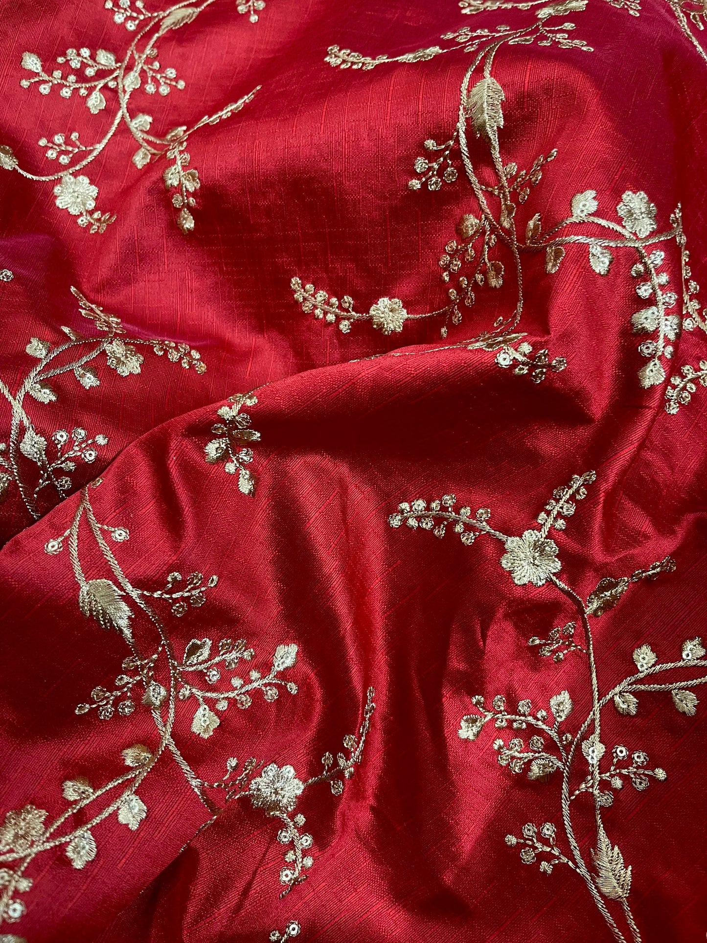 Indian Embroidered Fabric in Red and Gold Color, Multiple lengths will come in the continuous piece - NF424