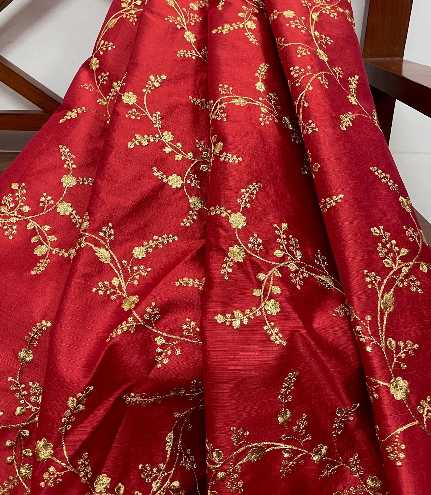 Indian Embroidered Fabric in Red and Gold Color, Multiple lengths will come in the continuous piece - NF424