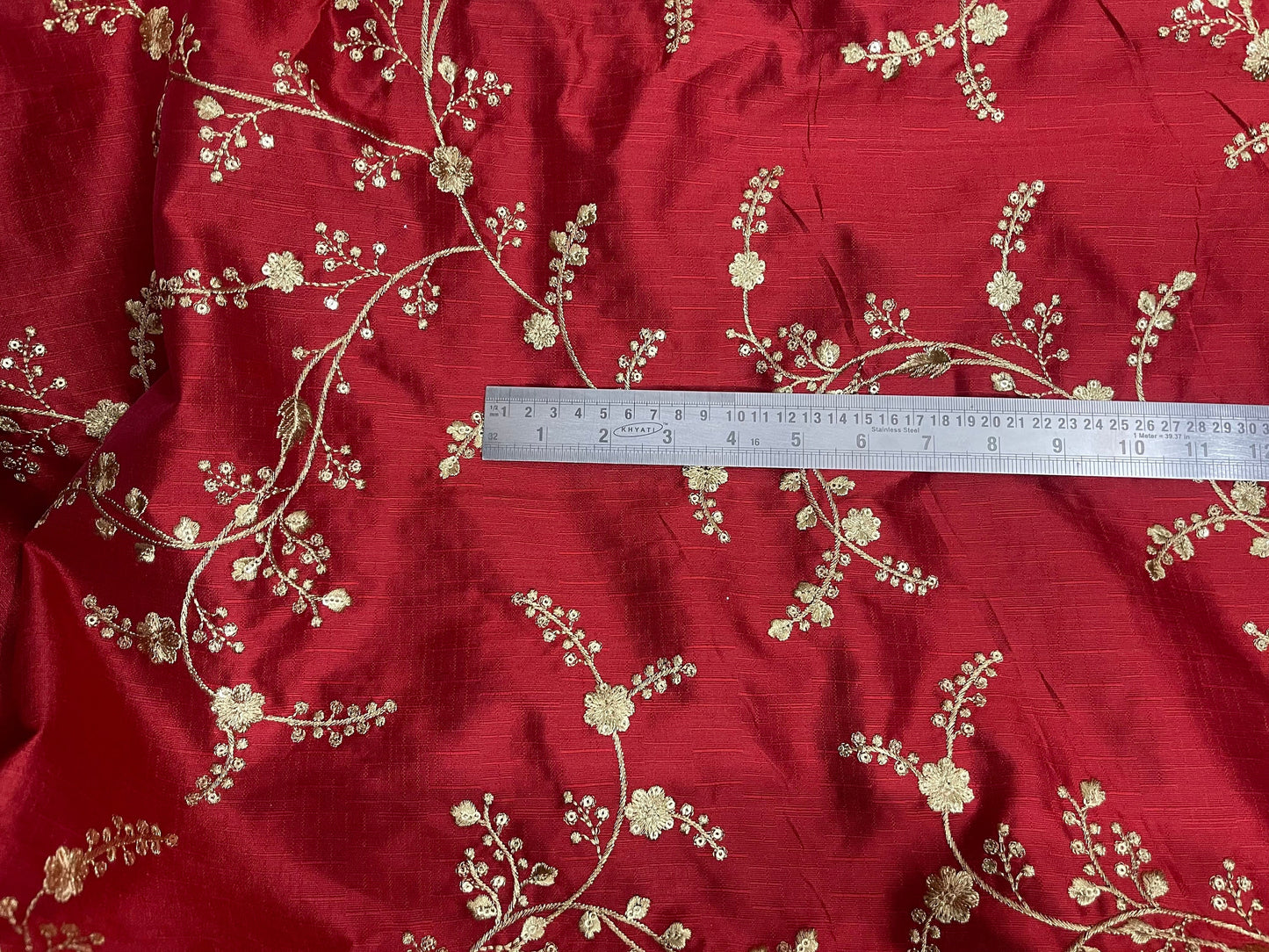 Indian Embroidered Fabric in Red and Gold Color, Multiple lengths will come in the continuous piece - NF424