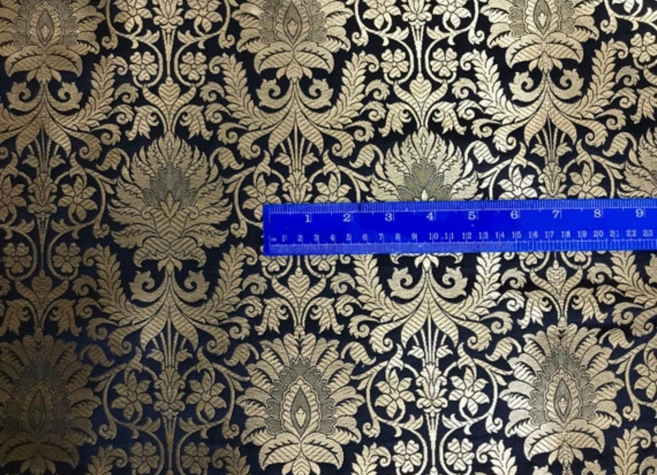 Indian Banarasi Brocade fabric in Black and Gold color, Multiple lengths will come in the Continuous piece - NF134