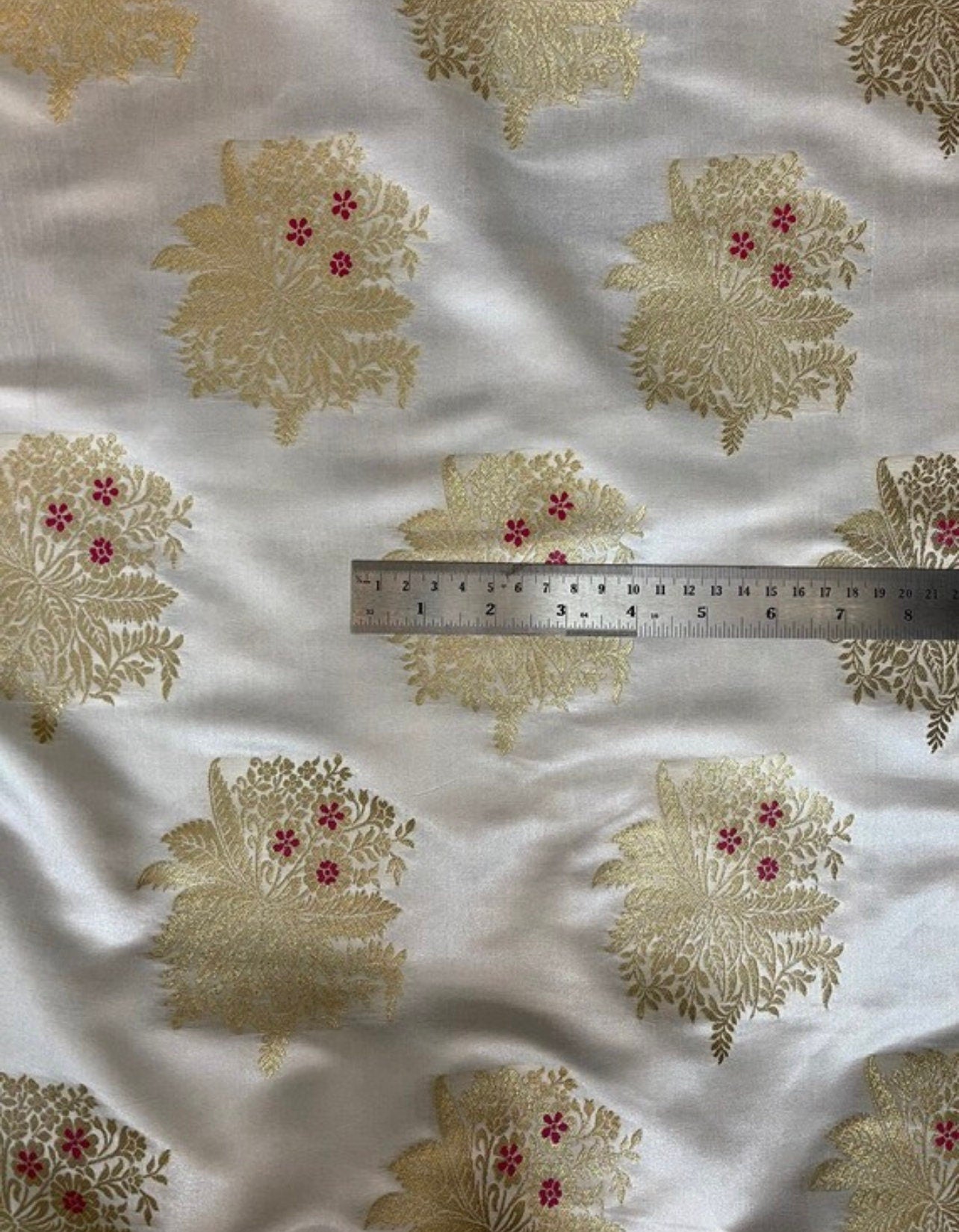 Indian Banarasi Brocade Fabric in Off White and Gold color, Multiple lengths will come in the continuous piece - NF349