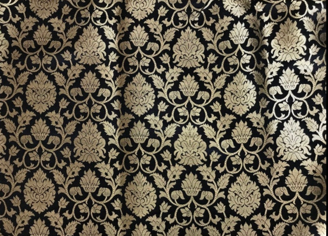 Indian Banarasi Brocade fabric in Black and Gold color, Multiple lengths will come in the continuous piece - NF642