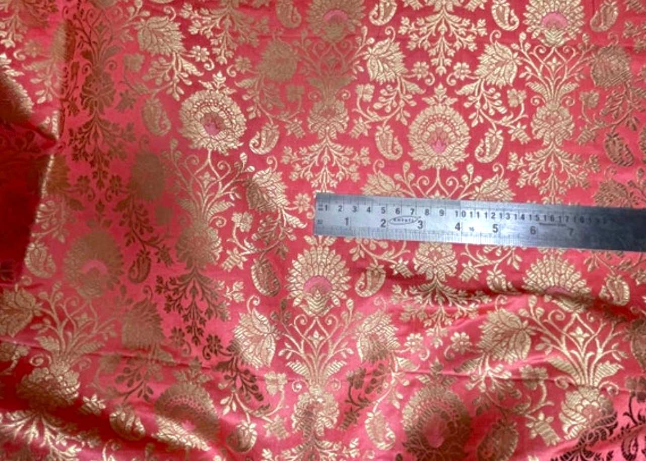 Indian Banarasi Brocade Fabric in Orange Coral and Gold color, Multiple lengths will come in the continuous piece - NF315