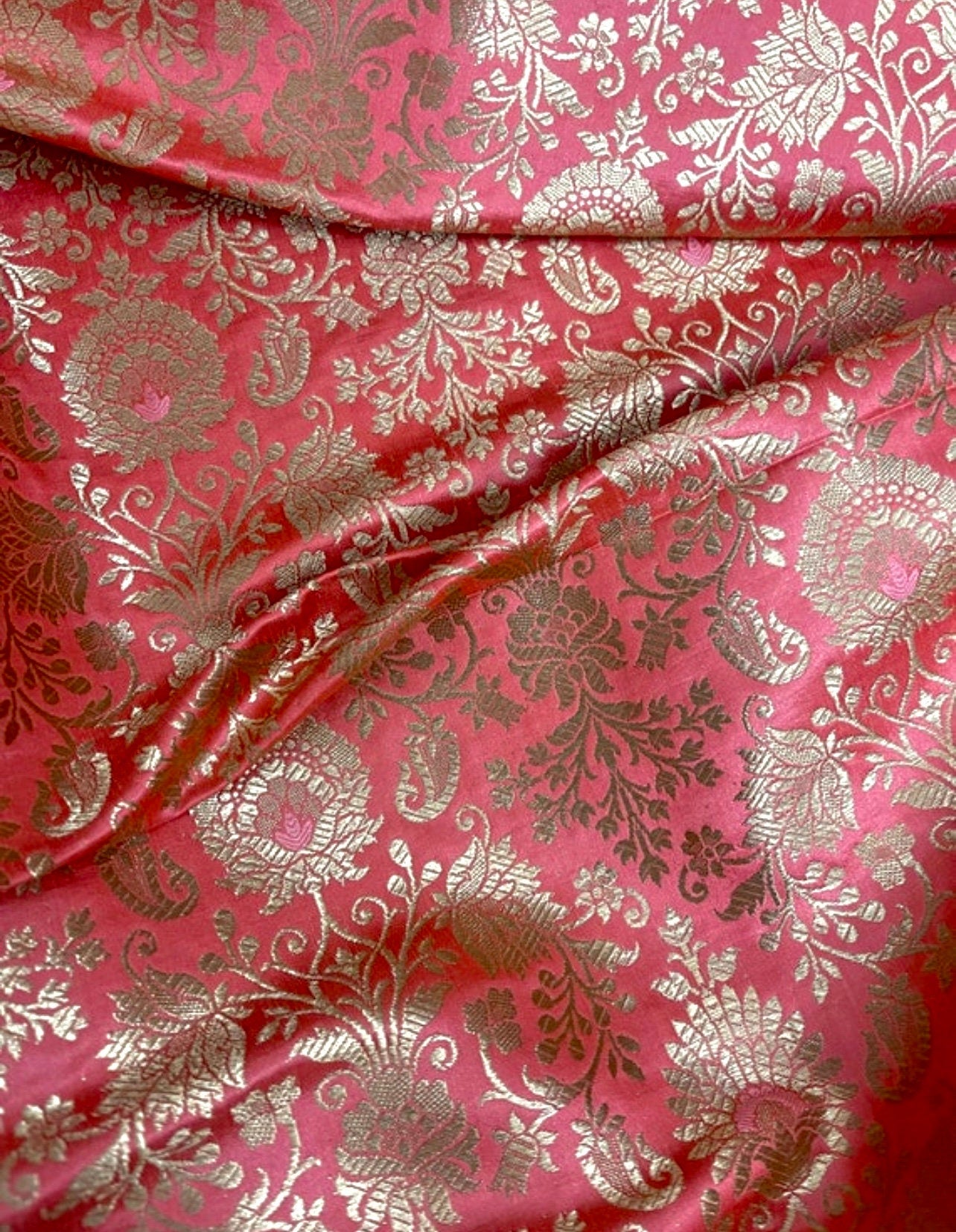 Indian Banarasi Brocade Fabric in Orange Coral and Gold color, Multiple lengths will come in the continuous piece - NF315