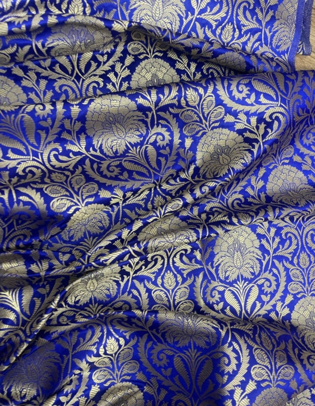 Indian Banarasi Brocade Fabric in Blue and Gold color, Multiple lengths will come in the continuous piece - NF535