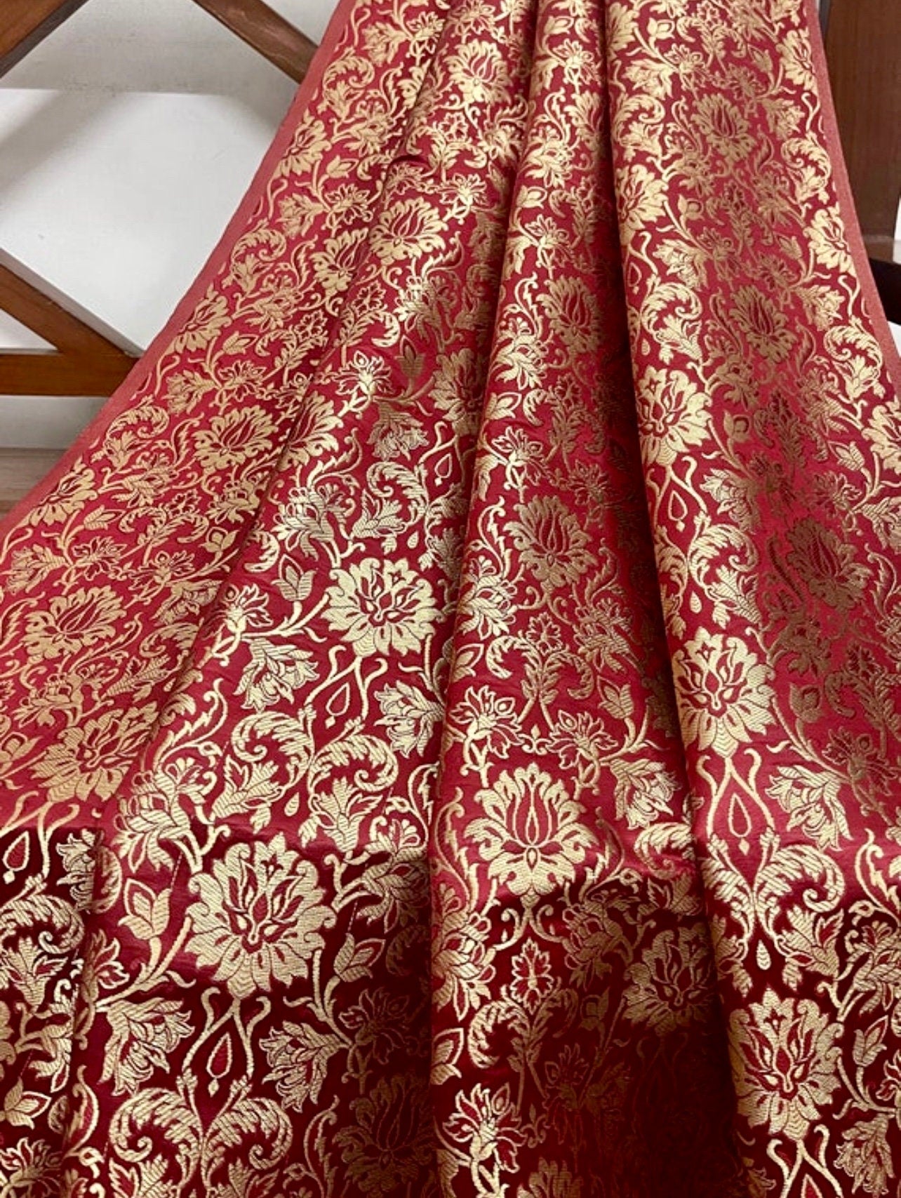 Indian Banarasi Brocade Fabric in Red and Gold color, Multiple lengths will come in the continuous piece - NF08