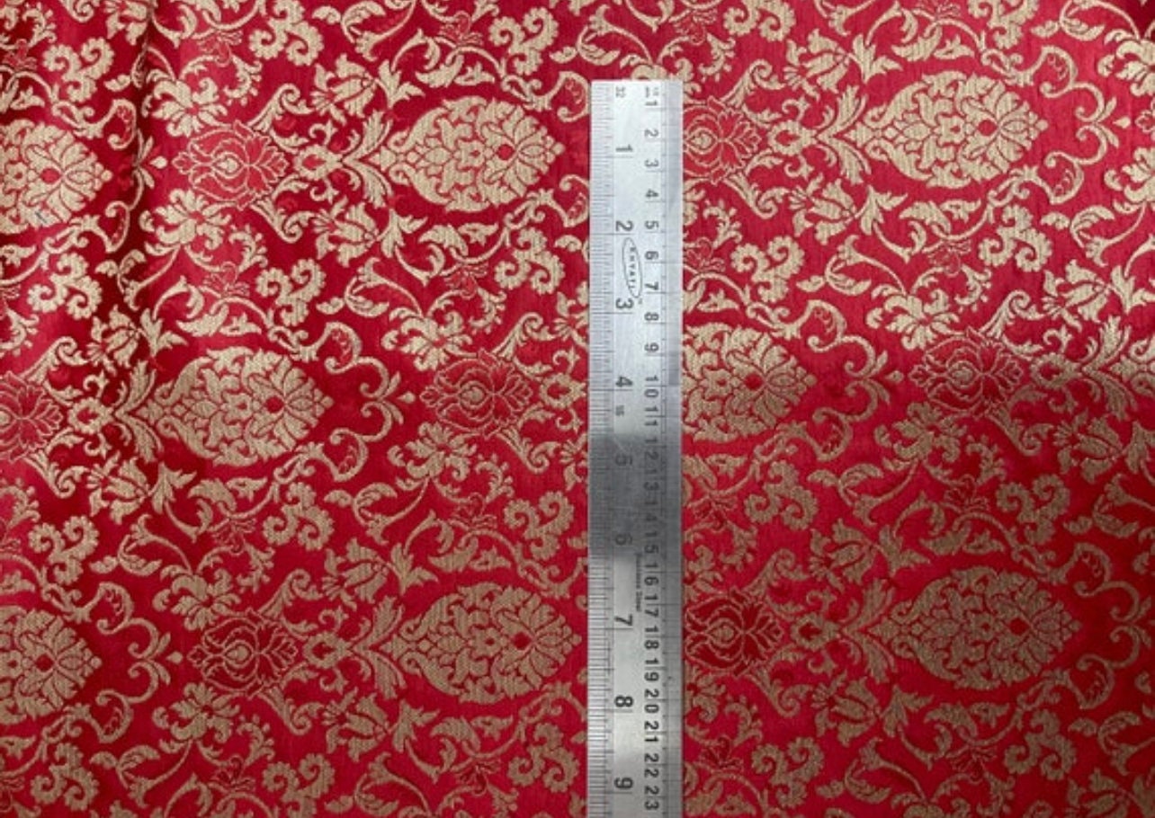 Indian Banarasi Brocade Fabric in Red and Gold color,  Multiple lengths will come in the continuous Piece -NF359