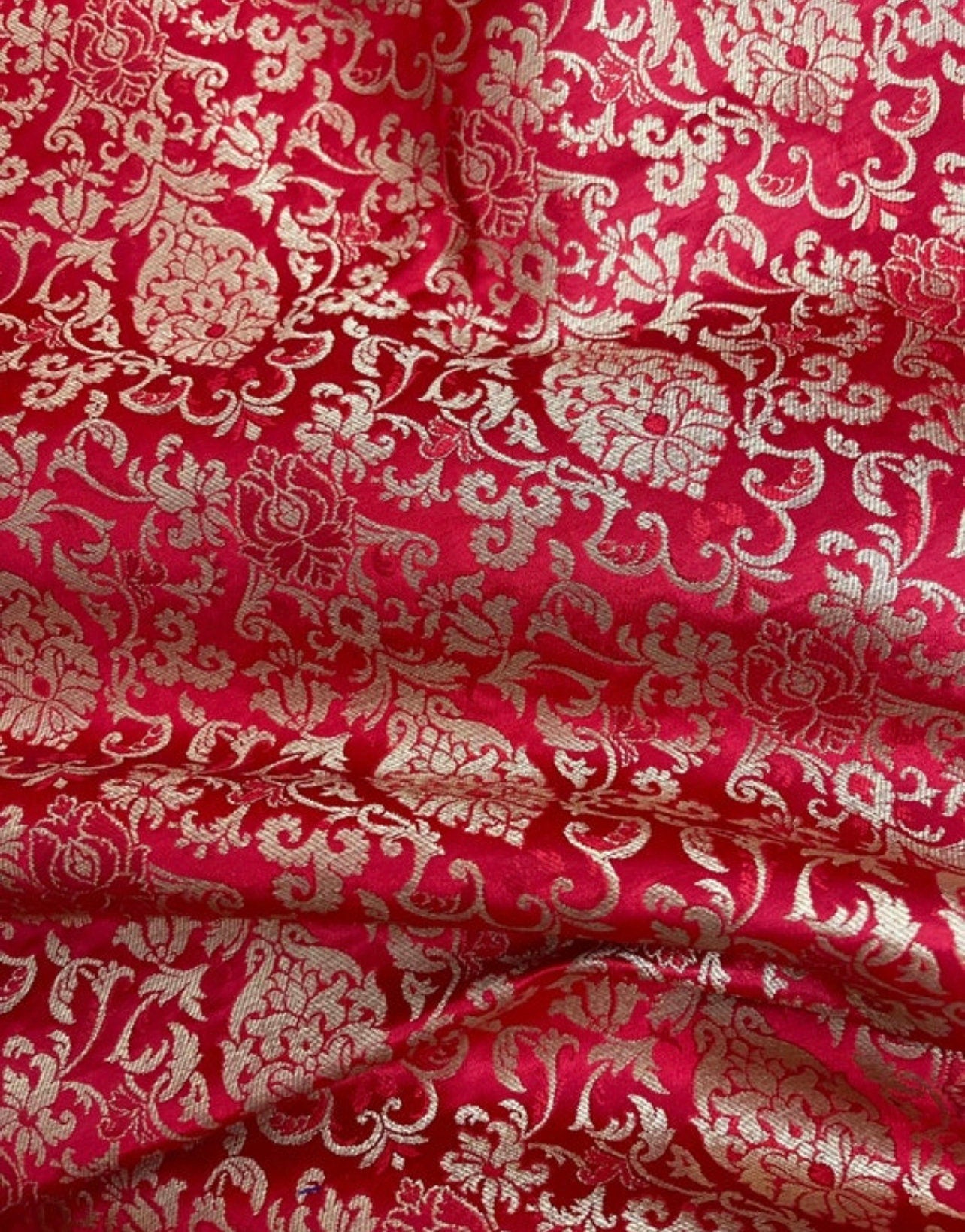 Indian Banarasi Brocade Fabric in Red and Gold color,  Multiple lengths will come in the continuous Piece -NF359