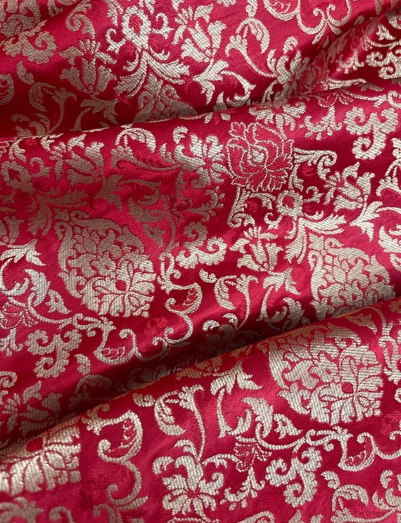 Indian Banarasi Brocade Fabric in Red and Gold color,  Multiple lengths will come in the continuous Piece -NF359