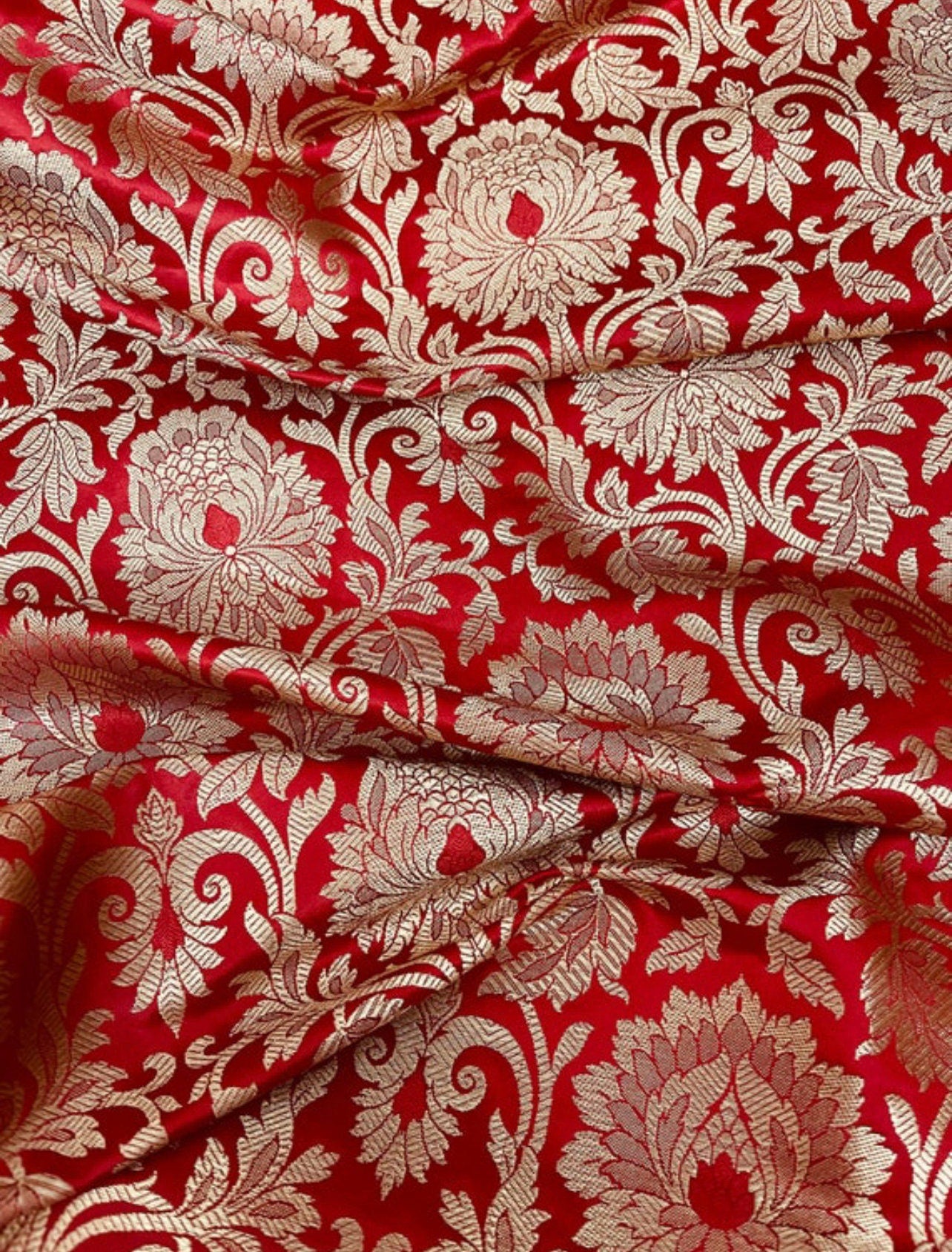 Indian Banarasi Brocade Fabric in Red and Gold color, Multiple Length will come in a continuous piece - NF367