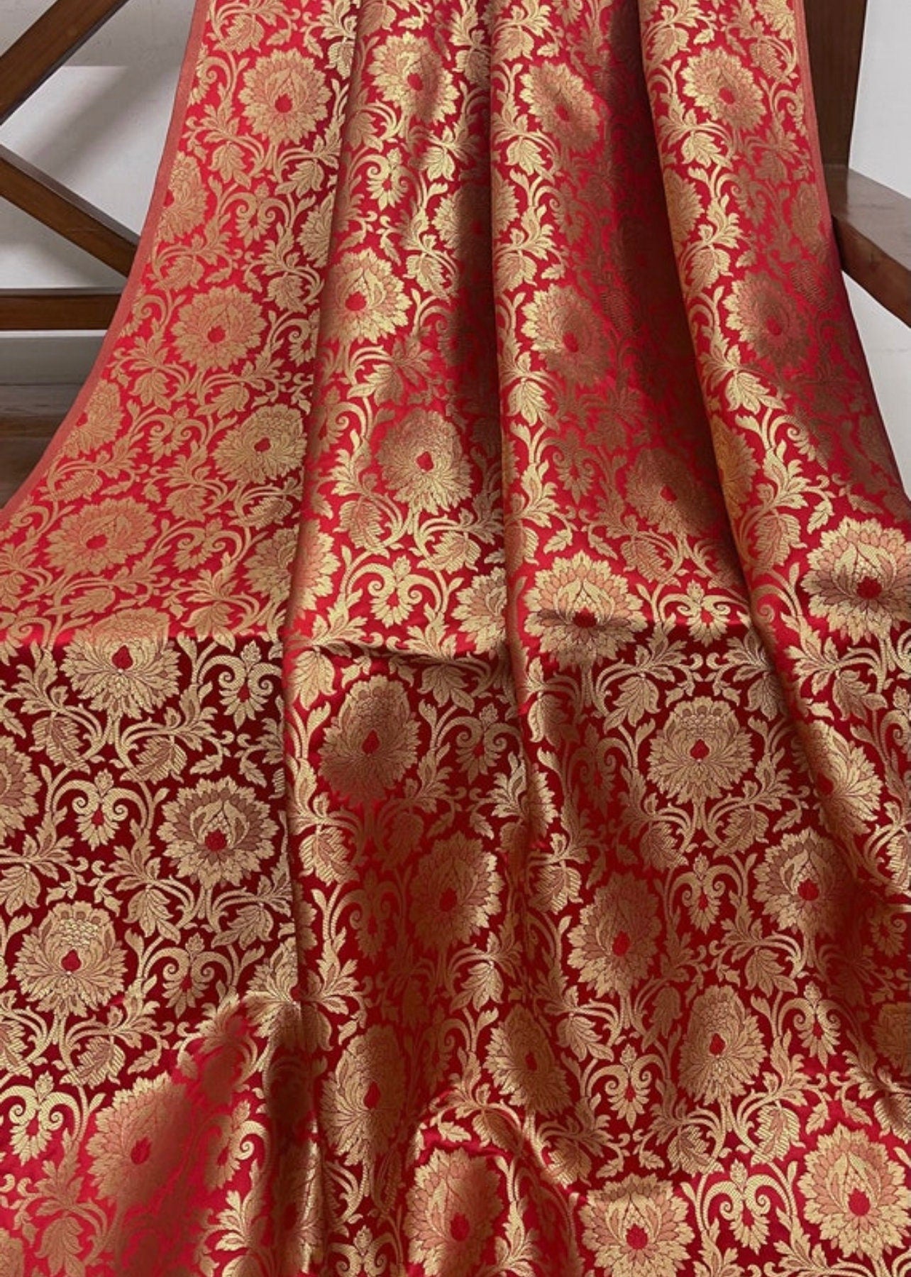 Indian Banarasi Brocade Fabric in Red and Gold color, Multiple Length will come in a continuous piece - NF367