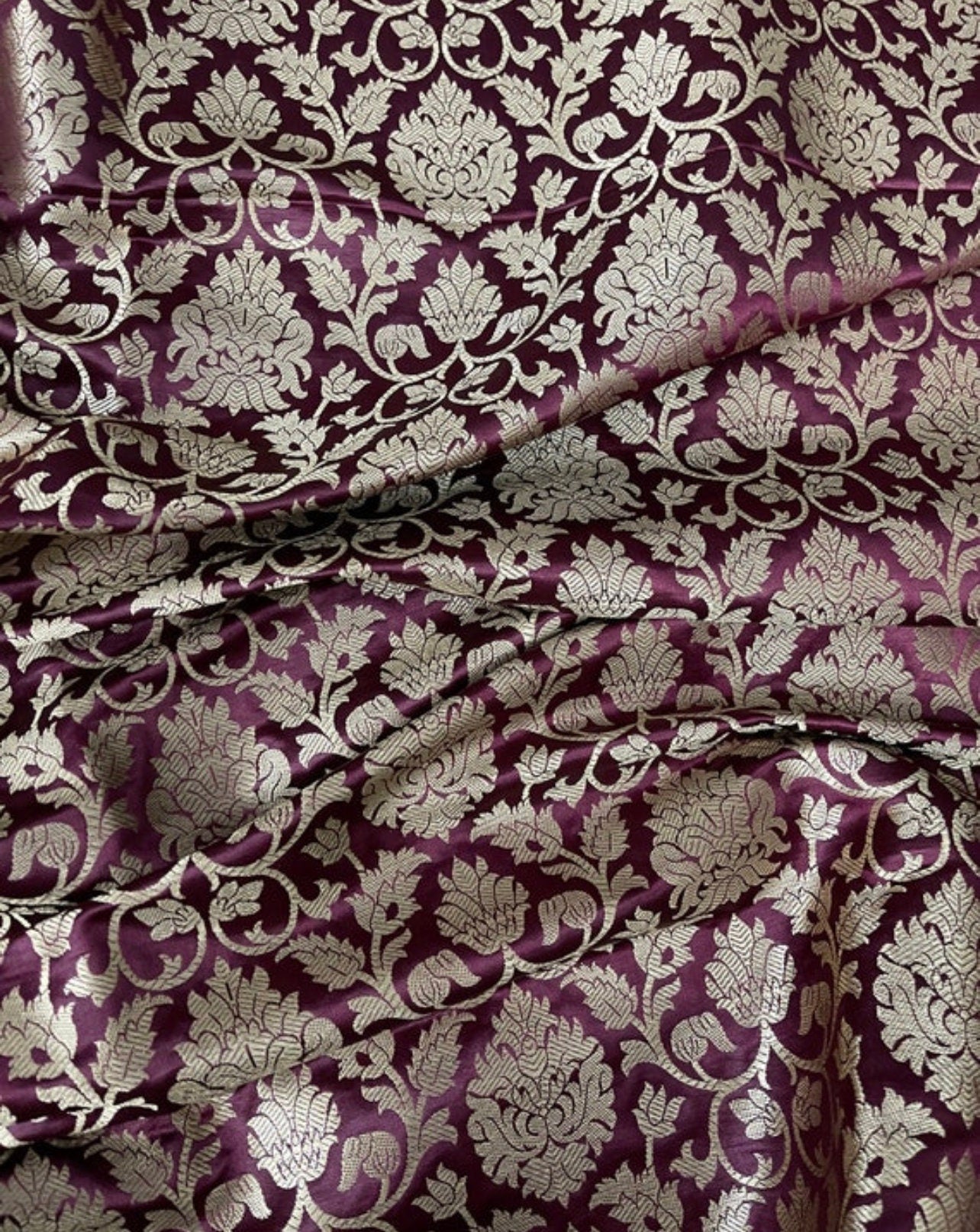 Indian Banarasi Brocade Fabric in Burgundy And Gold color, Multiple lengths will come in the continuous piece - NF373