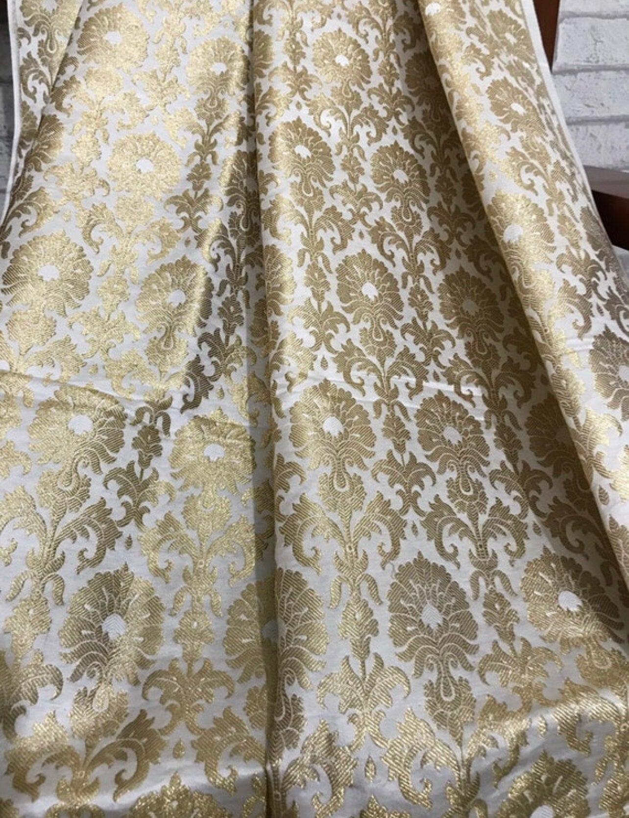 Indian Banarasi Brocade fabric in White And Gold color,  Multiple lengths will come in the continuous piece - NF168