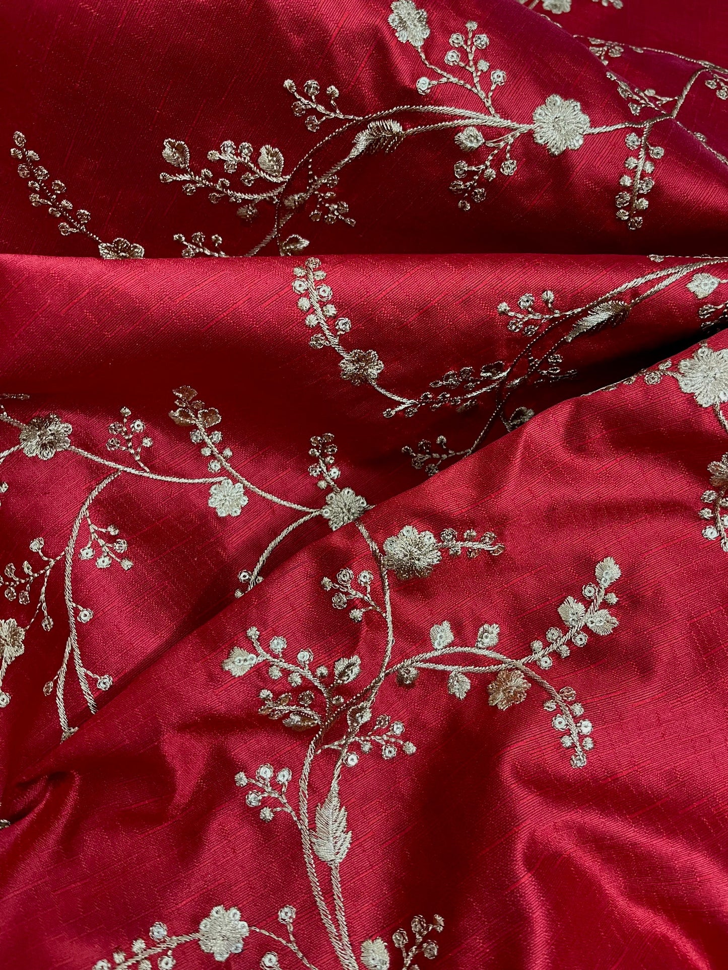 Indian Embroidered Fabric in Red and Gold Color, Multiple lengths will come in the continuous piece - NF424