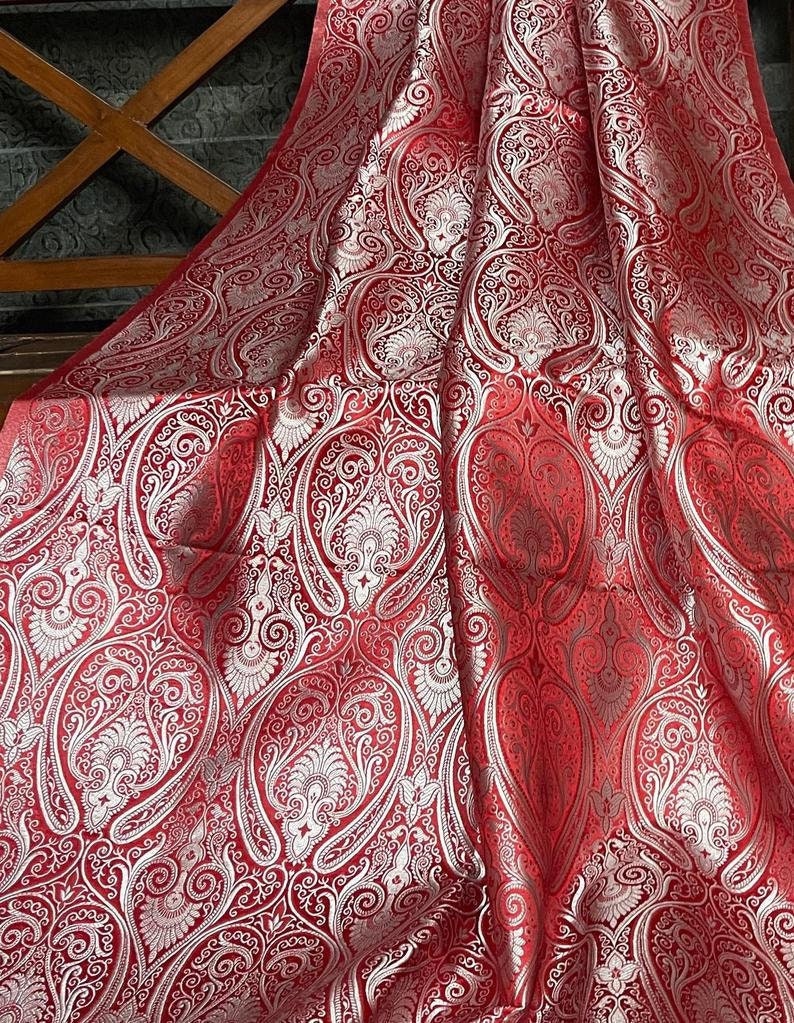 Indian Banarasi Brocade Fabric in Red and Silver color, Multiple lengths will come in the continuous piece - NF399