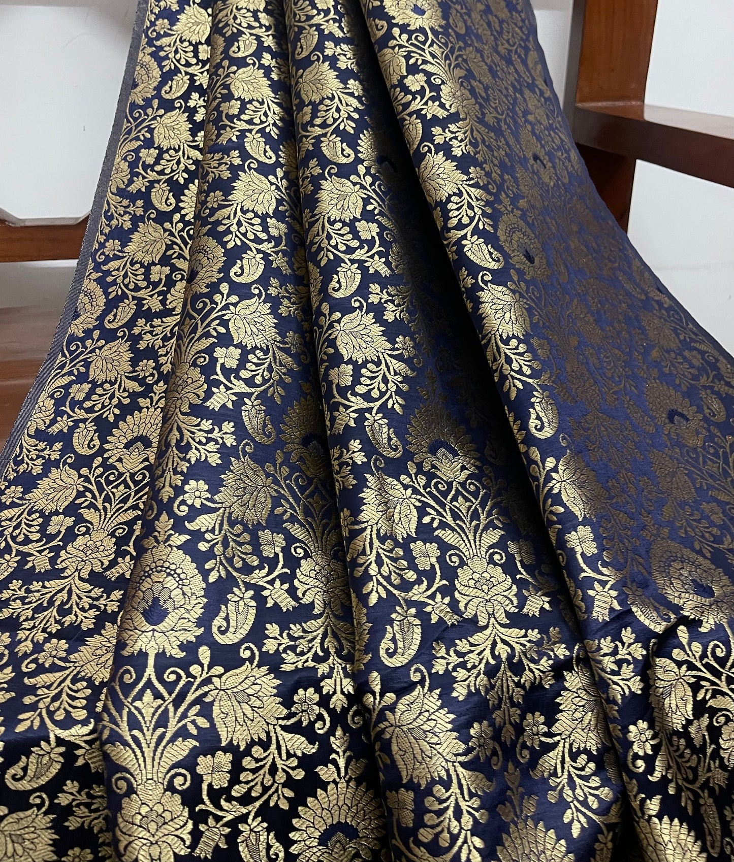 Indian Banarasi Brocade Fabric in Navy Blue and Gold color, Multiple lengths will come in a continuous piece - NF347