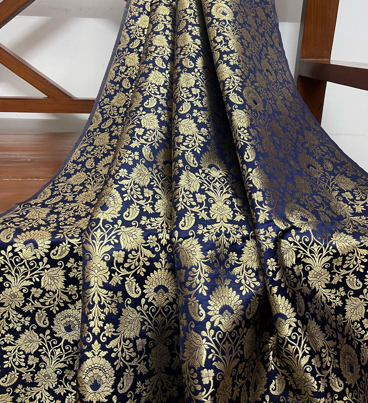 Indian Banarasi Brocade Fabric in Navy Blue and Gold color, Multiple lengths will come in a continuous piece - NF347