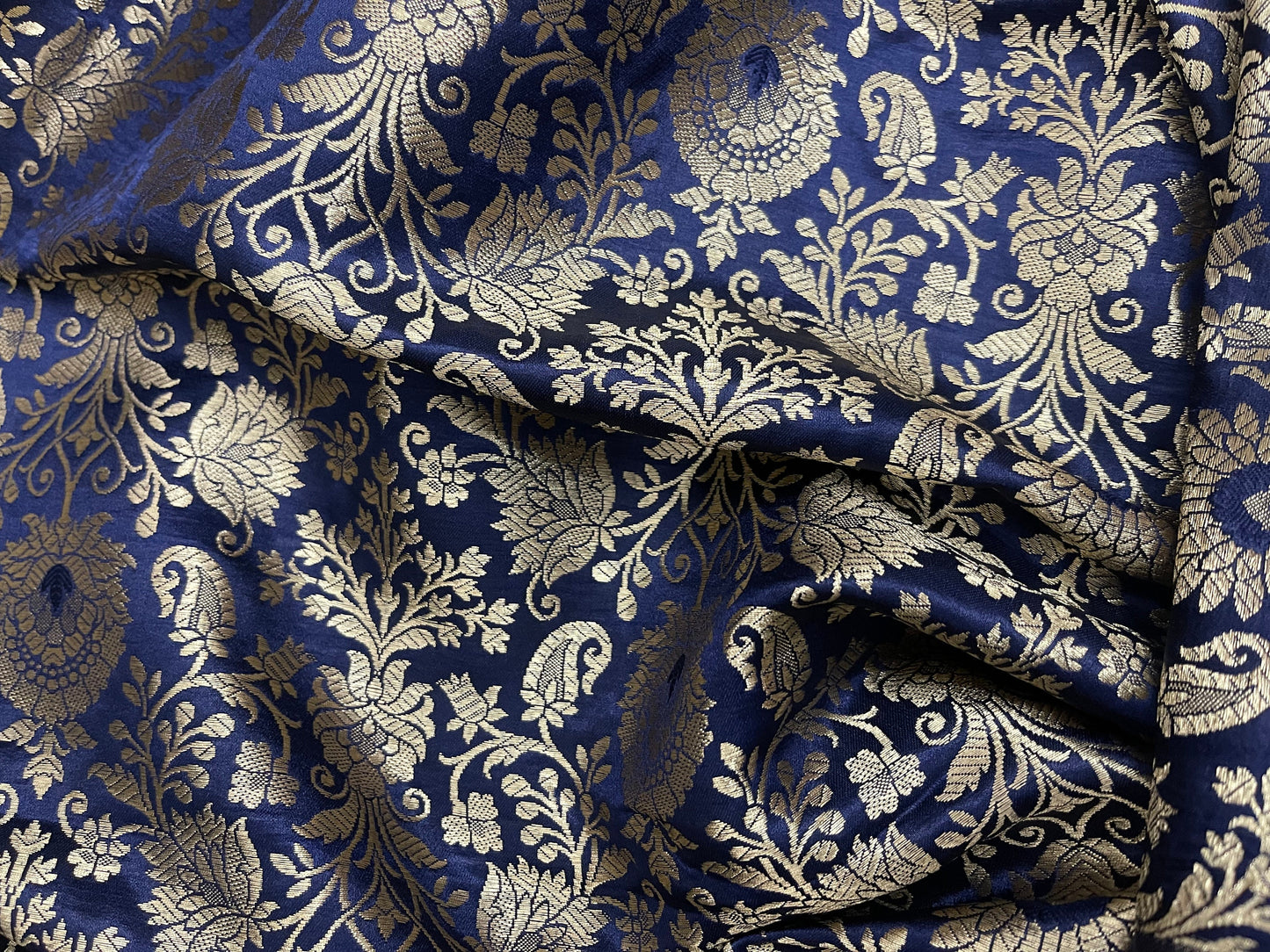 Indian Banarasi Brocade Fabric in Navy Blue and Gold color, Multiple lengths will come in a continuous piece - NF347