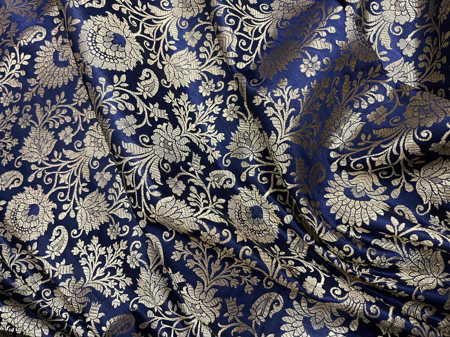 Indian Banarasi Brocade Fabric in Navy Blue and Gold color, Multiple lengths will come in a continuous piece - NF347