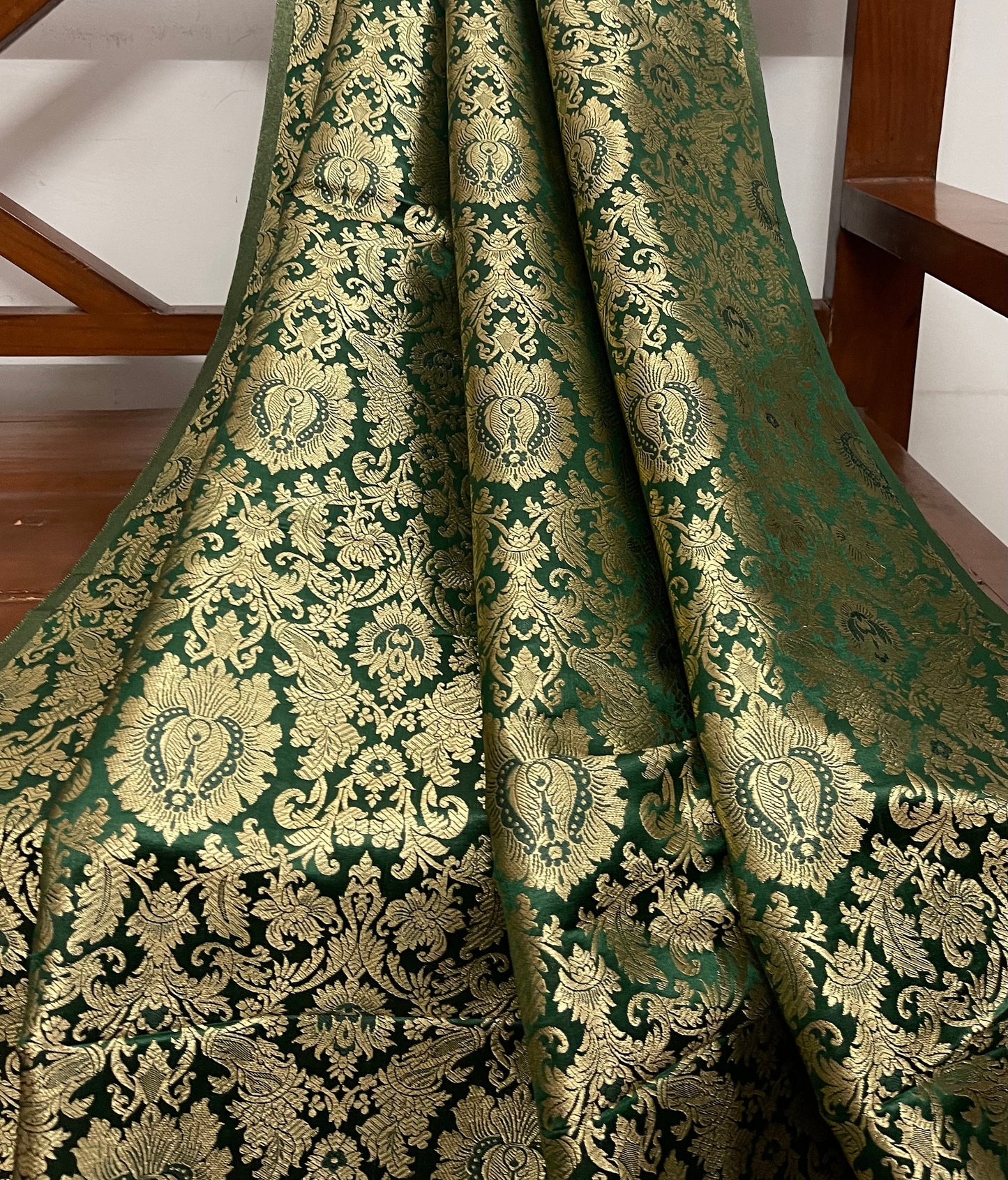 Indian Banarasi Brocade Fabric in Green and Gold color, Multiple lengths will come in the continuous piece - NF355