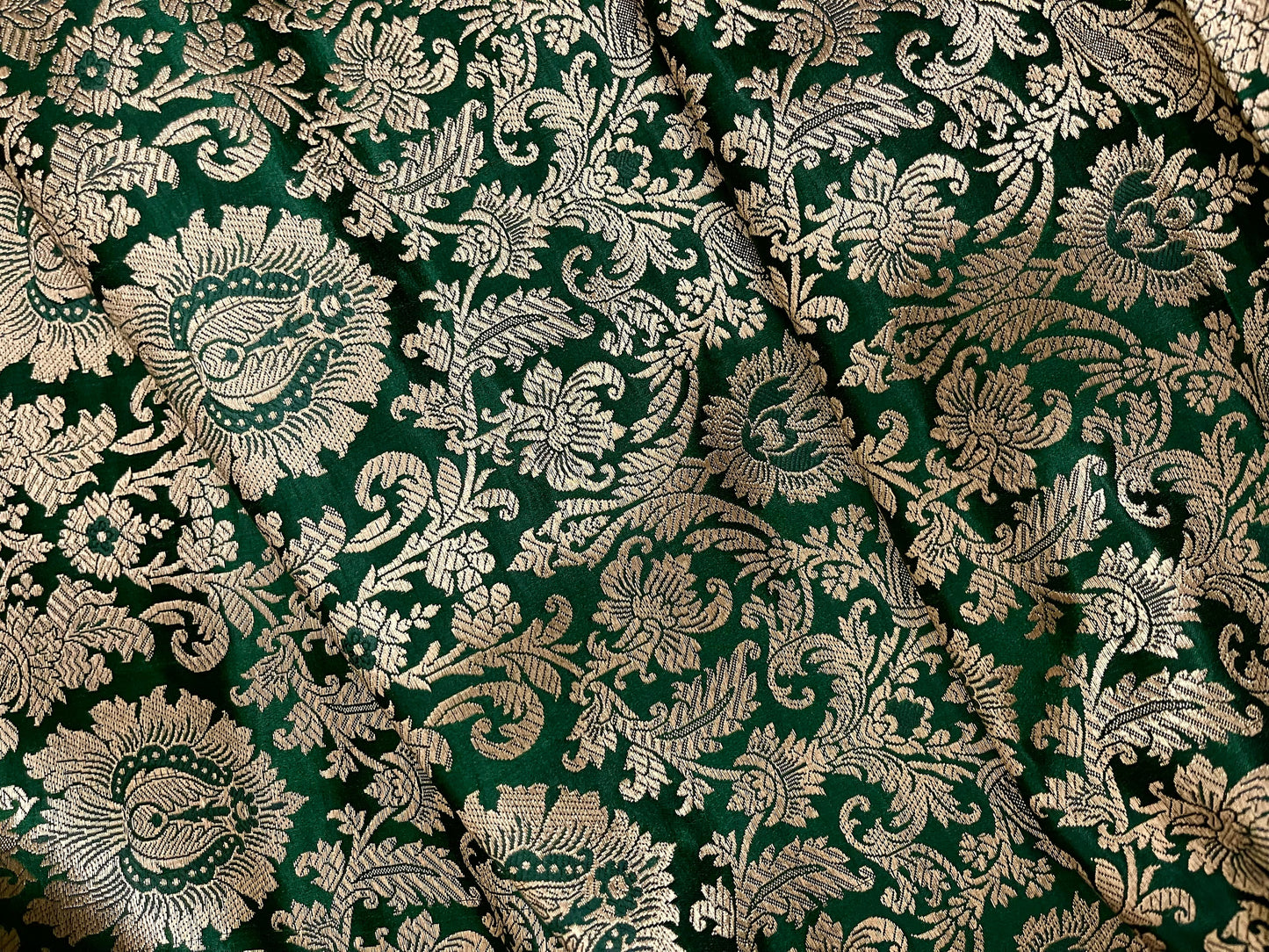 Indian Banarasi Brocade Fabric in Green and Gold color, Multiple lengths will come in the continuous piece - NF355