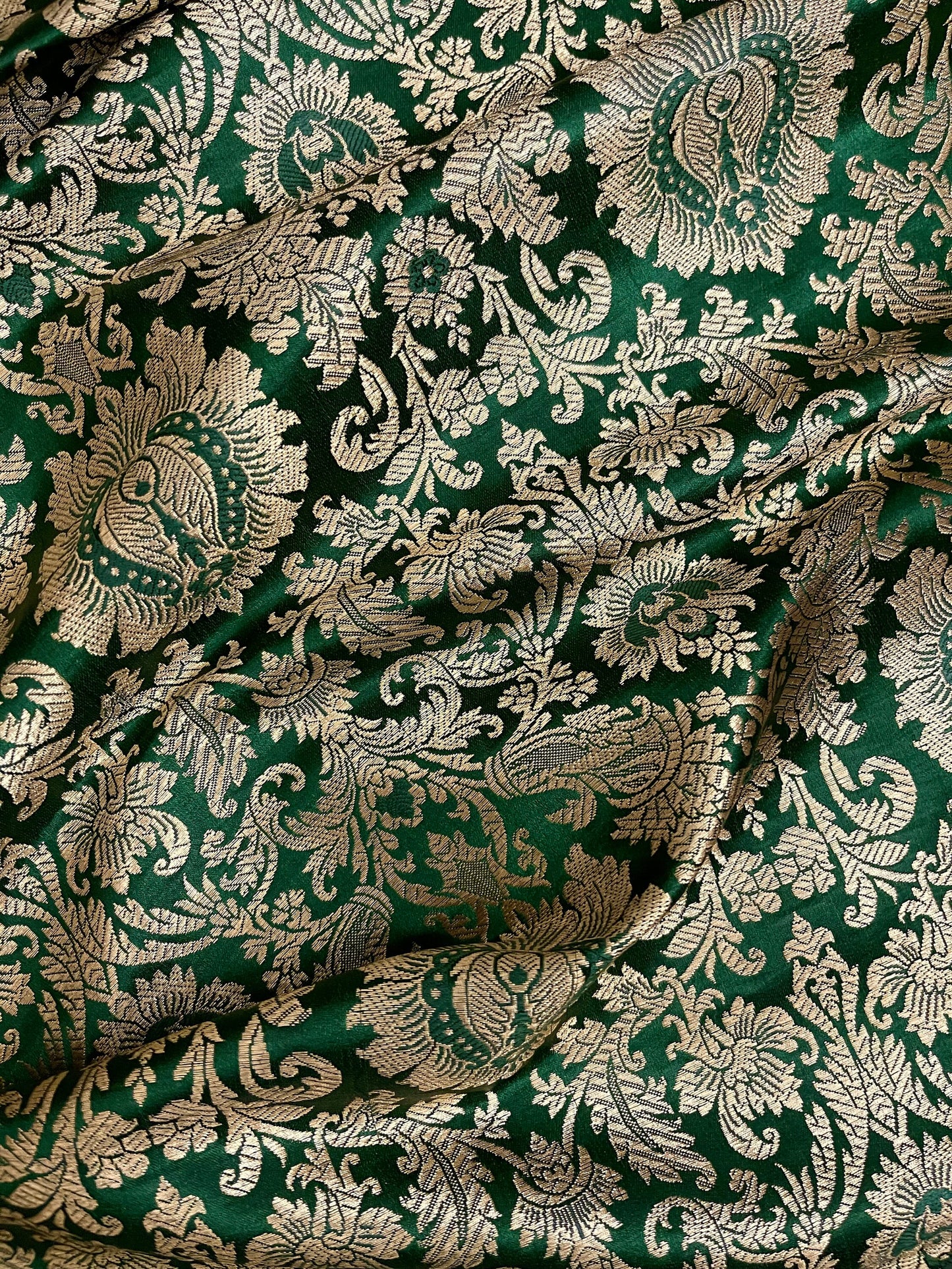 Indian Banarasi Brocade Fabric in Green and Gold color, Multiple lengths will come in the continuous piece - NF355